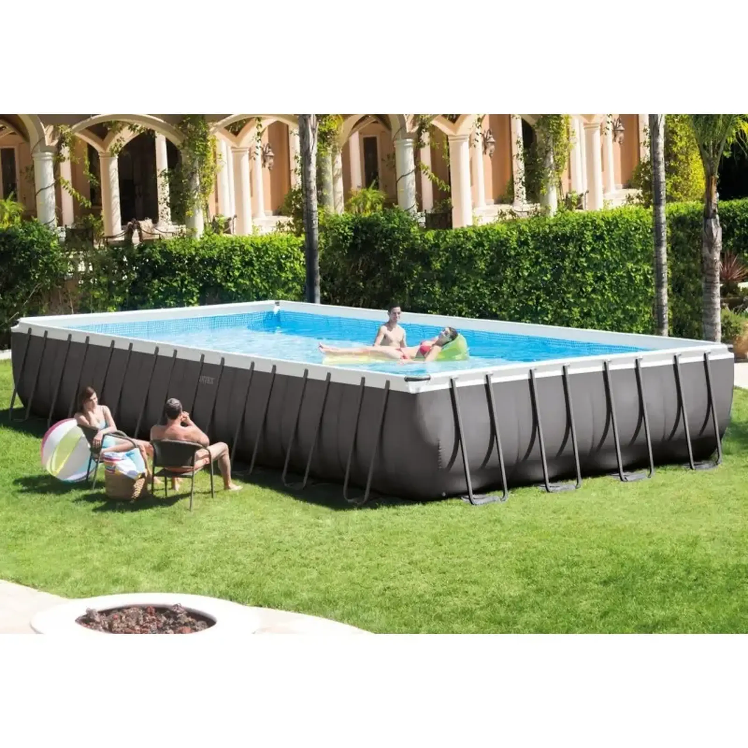 Piscina Intex 26378NP Prism Ultra Frame Set, pompa + Kit mentenata, scara, panou protectie si fileu volei inclus, 975 x 488 cm