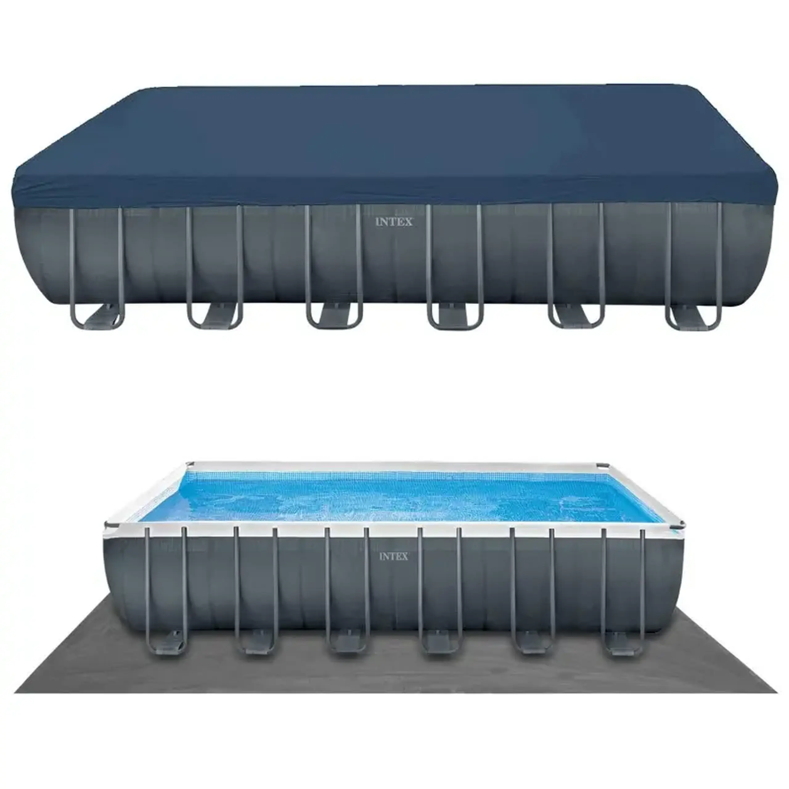Piscina Intex 26378NP Prism Ultra Frame Set, pompa + Kit mentenata, scara, panou protectie si fileu volei inclus, 975 x 488 cm