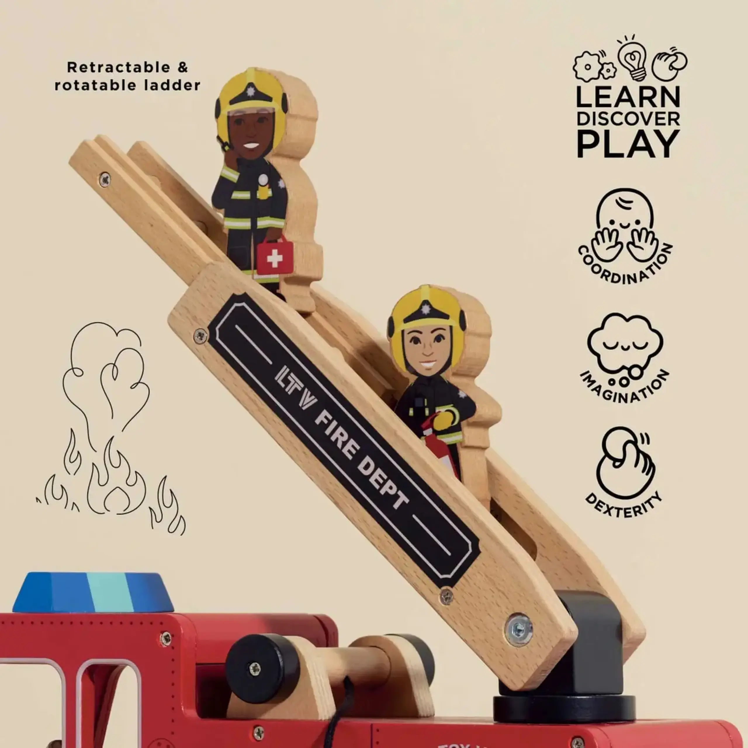Mașină de pompieri din lemn cu 2 figurine — Le Toy Van