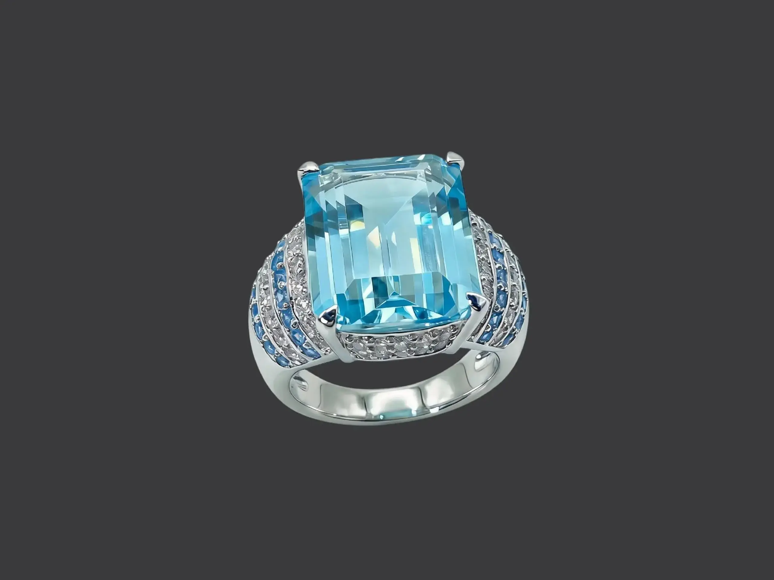 Aqua Topaz & Sapphire Pavé Cocktail Ring – Sterling Silver