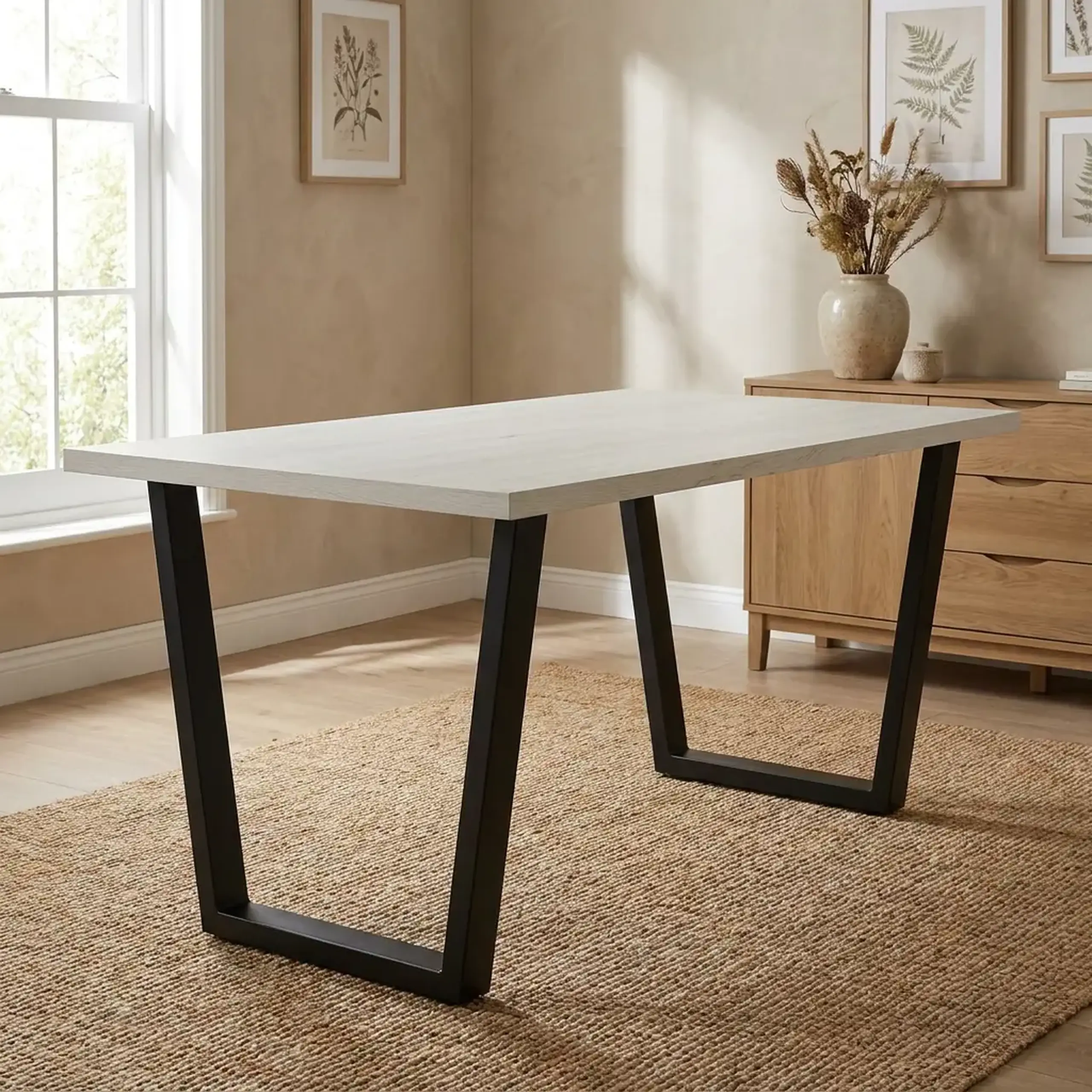 Masa de dining 4home Louisville, picioare metalice, Stejar Kraft Alb, 120x80 cm