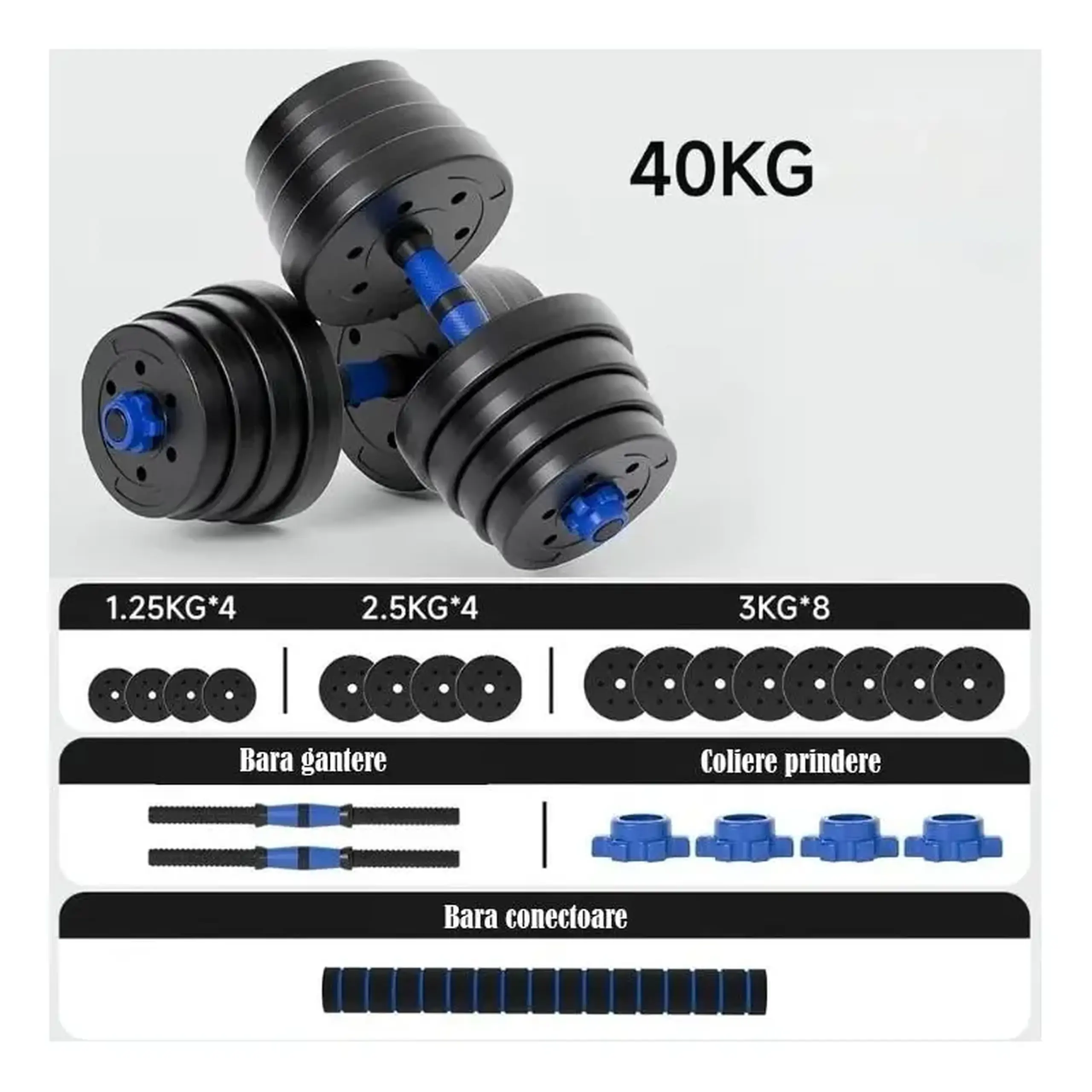 Set gantere reglabile FitTronic 40 kg, BG40, 2 gantere de 20 kg si bara de conectare inclusa, sigurante cu filet
