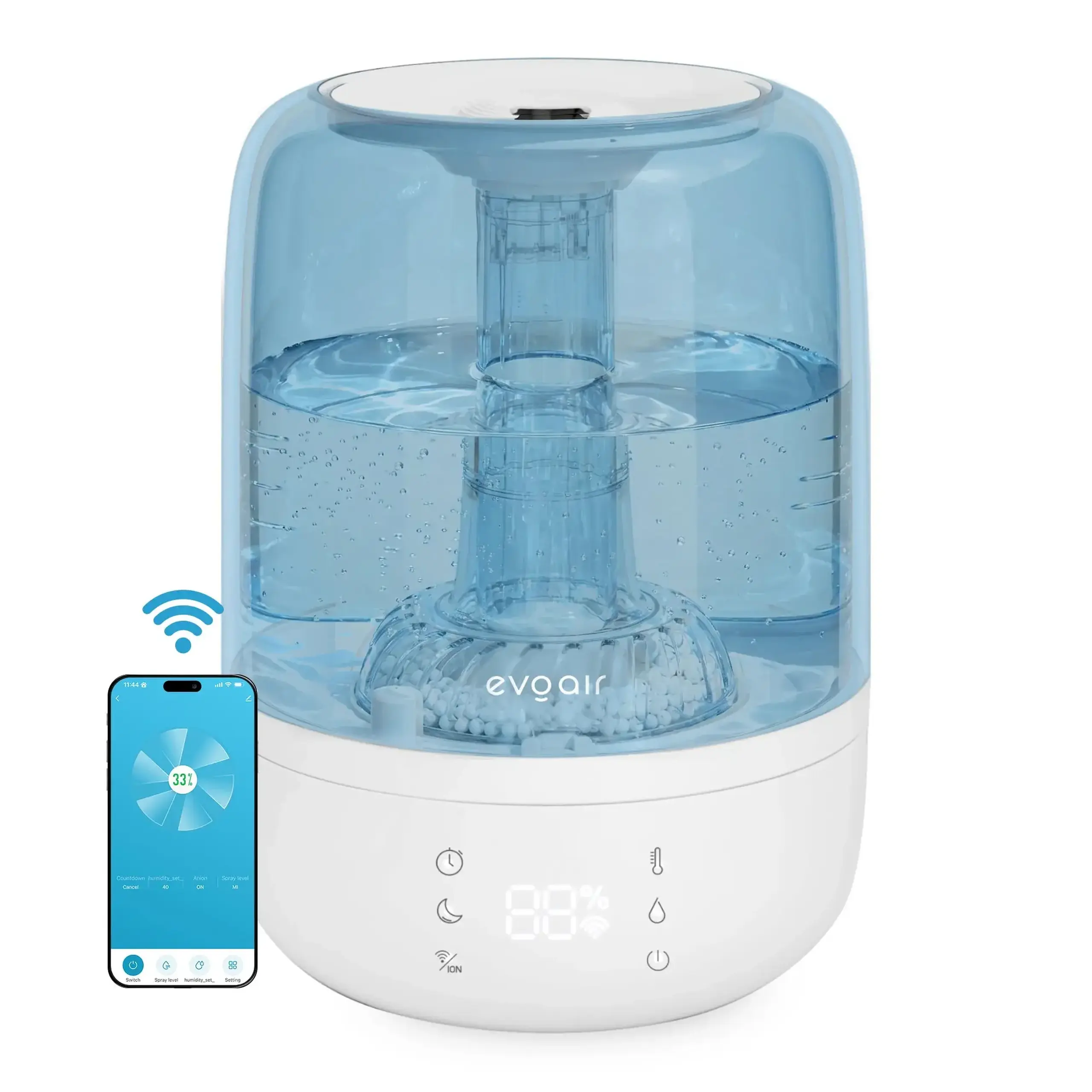 Umidificator Evoair LUNO, Smart, Wifi, Rezervor 2.5L, Capacitate de umidificare 150 ml/h, Senzor umiditate, Autonomie 16 ore, Indicator umiditate si temperatura, Filtru mineral Anticalcar - Alb, Albastru