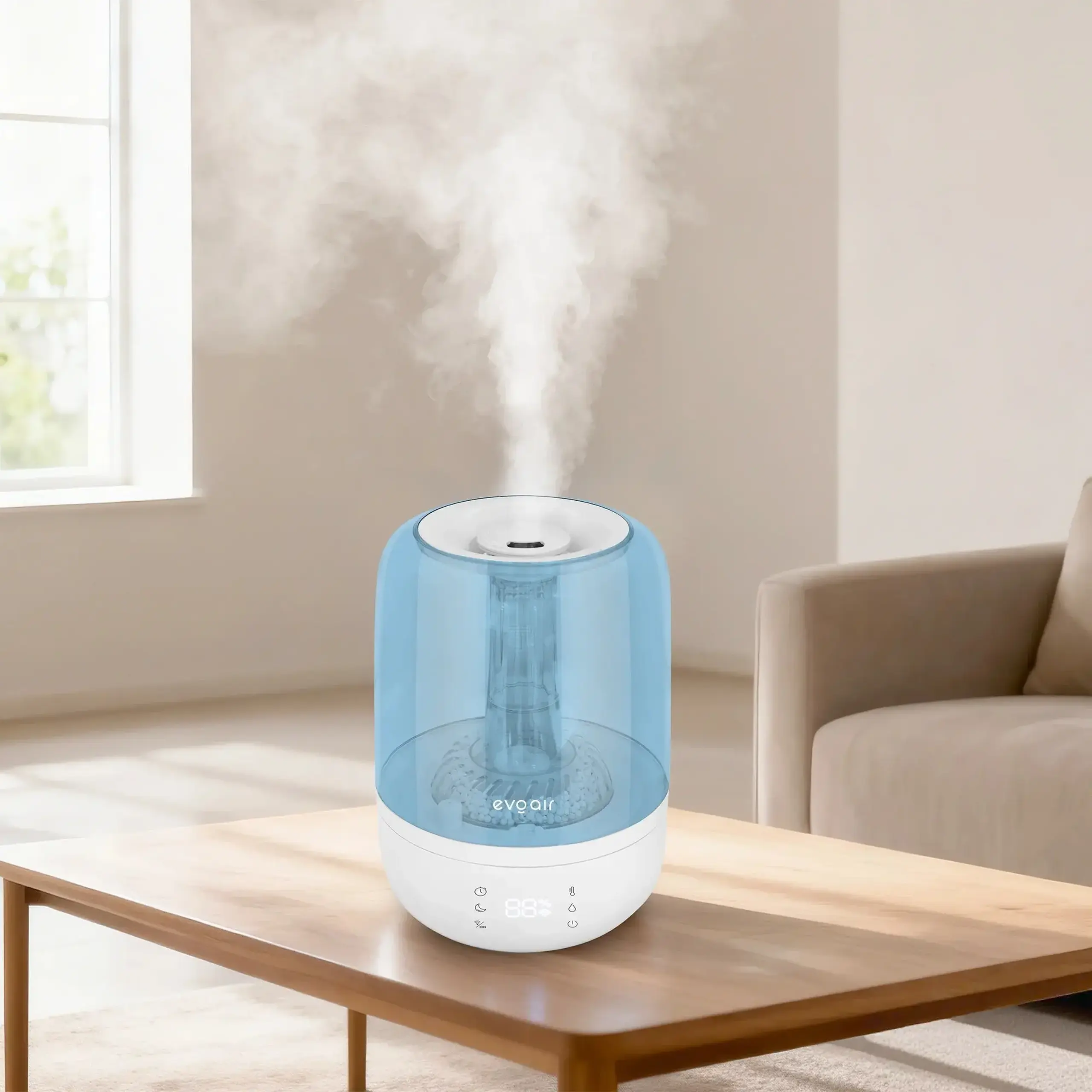 Umidificator Evoair LUNO, Smart, Wifi, Rezervor 2.5L, Capacitate de umidificare 150 ml/h, Senzor umiditate, Autonomie 16 ore, Indicator umiditate si temperatura, Filtru mineral Anticalcar - Alb, Albastru