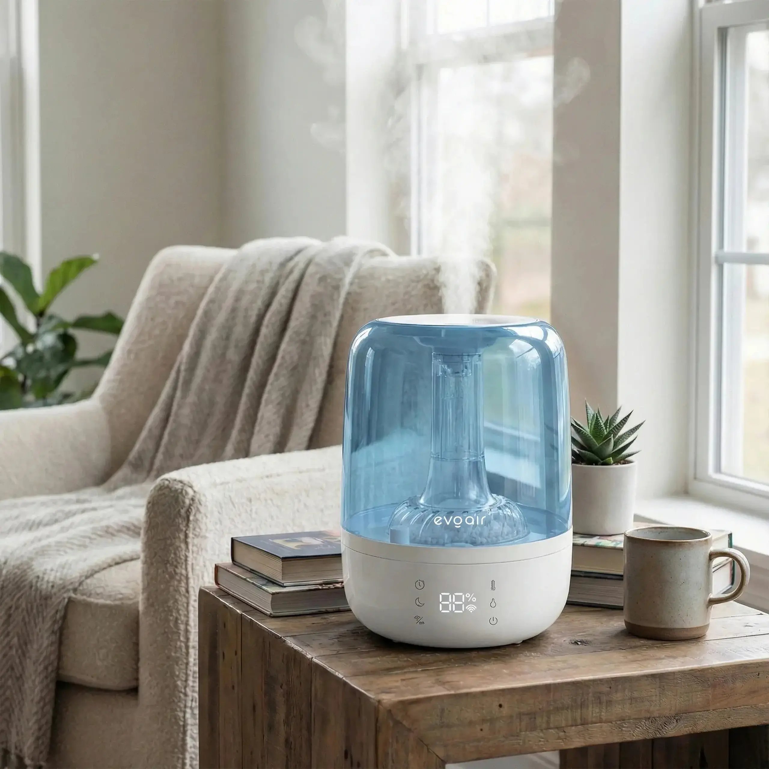 Umidificator Evoair LUNO, Smart, Wifi, Rezervor 2.5L, Capacitate de umidificare 150 ml/h, Senzor umiditate, Autonomie 16 ore, Indicator umiditate si temperatura, Filtru mineral Anticalcar - Alb, Albastru