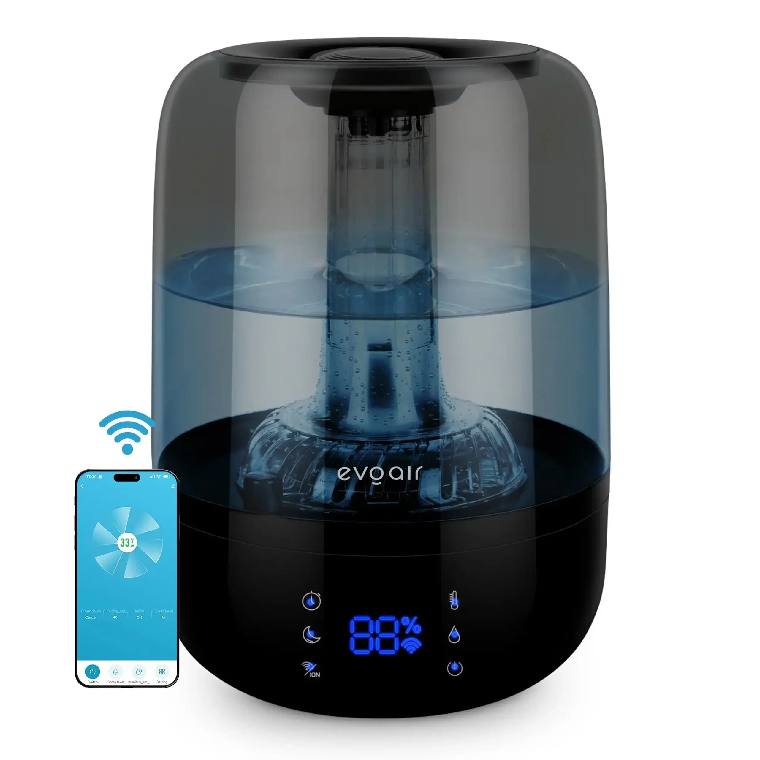 Umidificator Evoair LUNO, Smart, Wifi, Rezervor 2.5L, Capacitate de umidificare 150 ml/h, Senzor umiditate, Autonomie 16 ore, Indicator umiditate si temperatura, Filtru mineral Anticalcar - Alb, Albastru