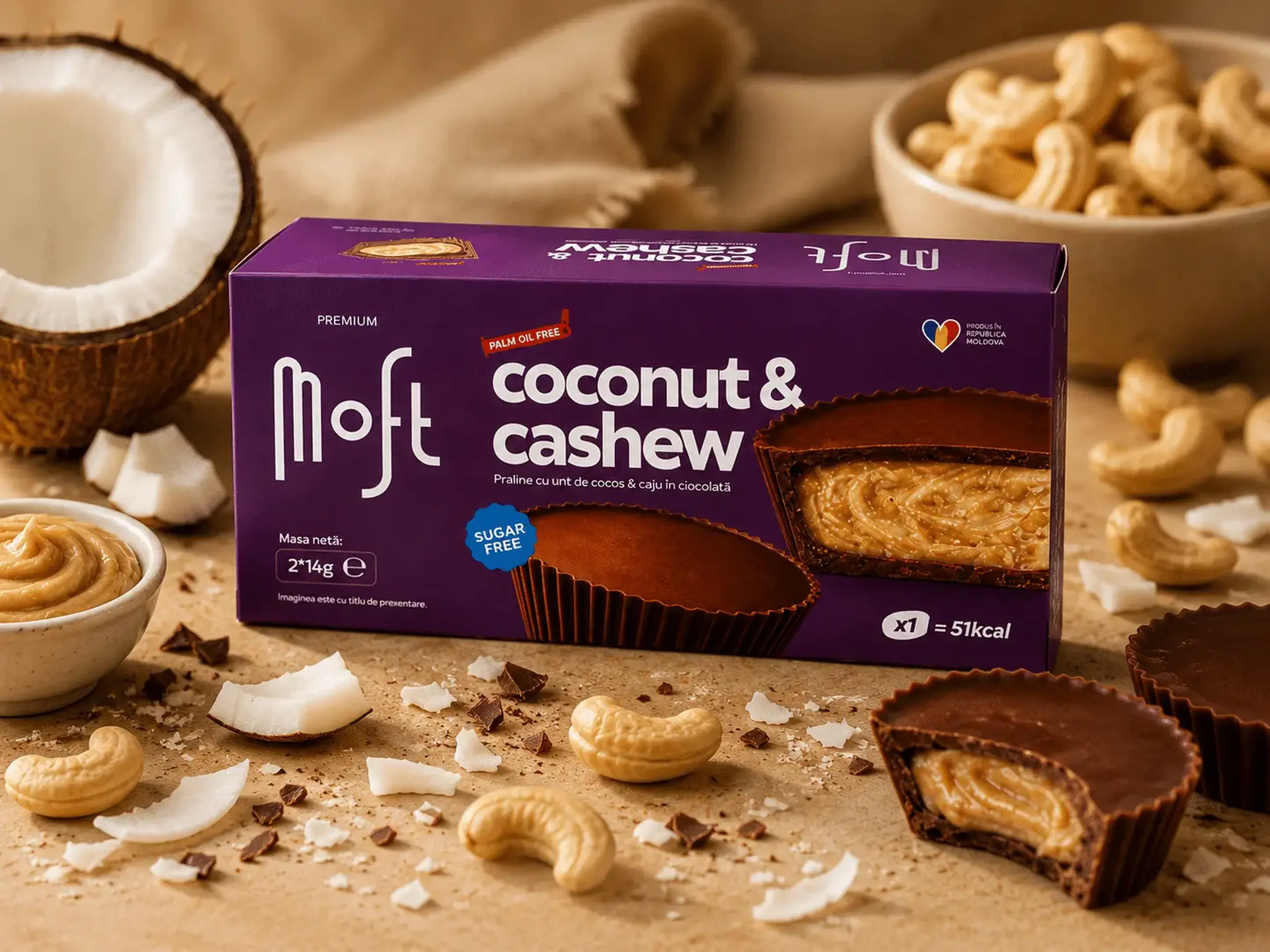 Praline cu Unt de Cocos & Caju în Ciocolată