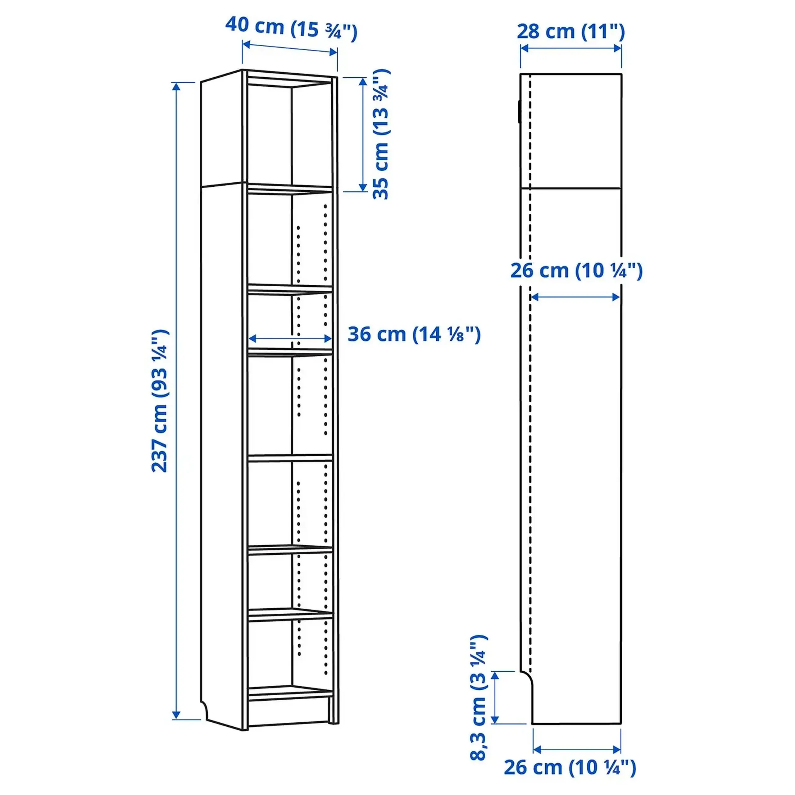 IKEA BILLY Biblioteca, alb, 40x28x237 cm