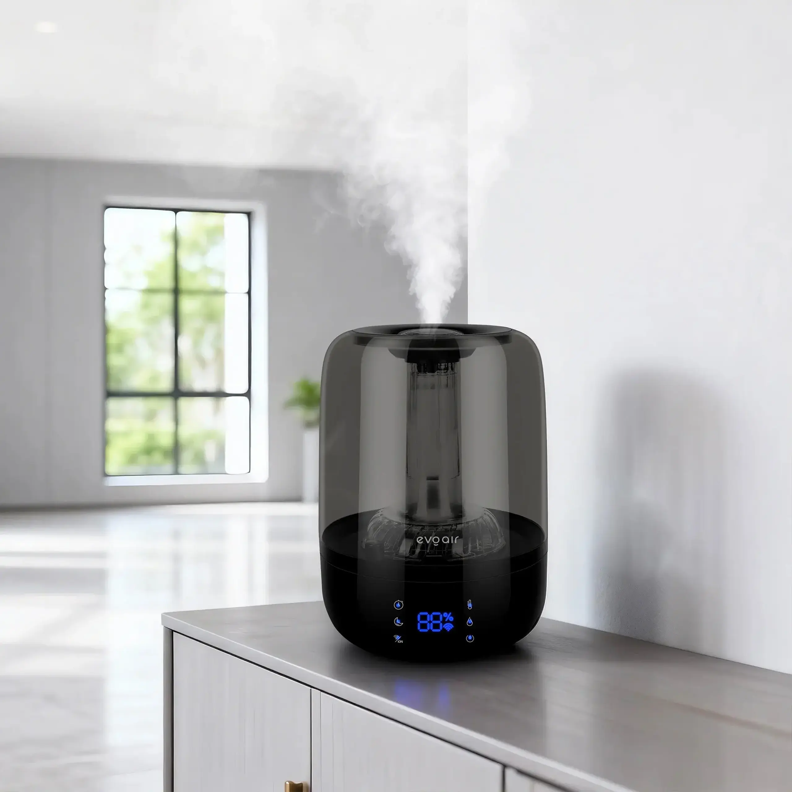 Umidificator Evoair LUNO, Smart, Wifi, Rezervor 2.5L, Capacitate de umidificare 150 ml/h, Senzor umiditate, Autonomie 16 ore, Indicator umiditate si temperatura, Filtru mineral Anticalcar - Negru, Gri