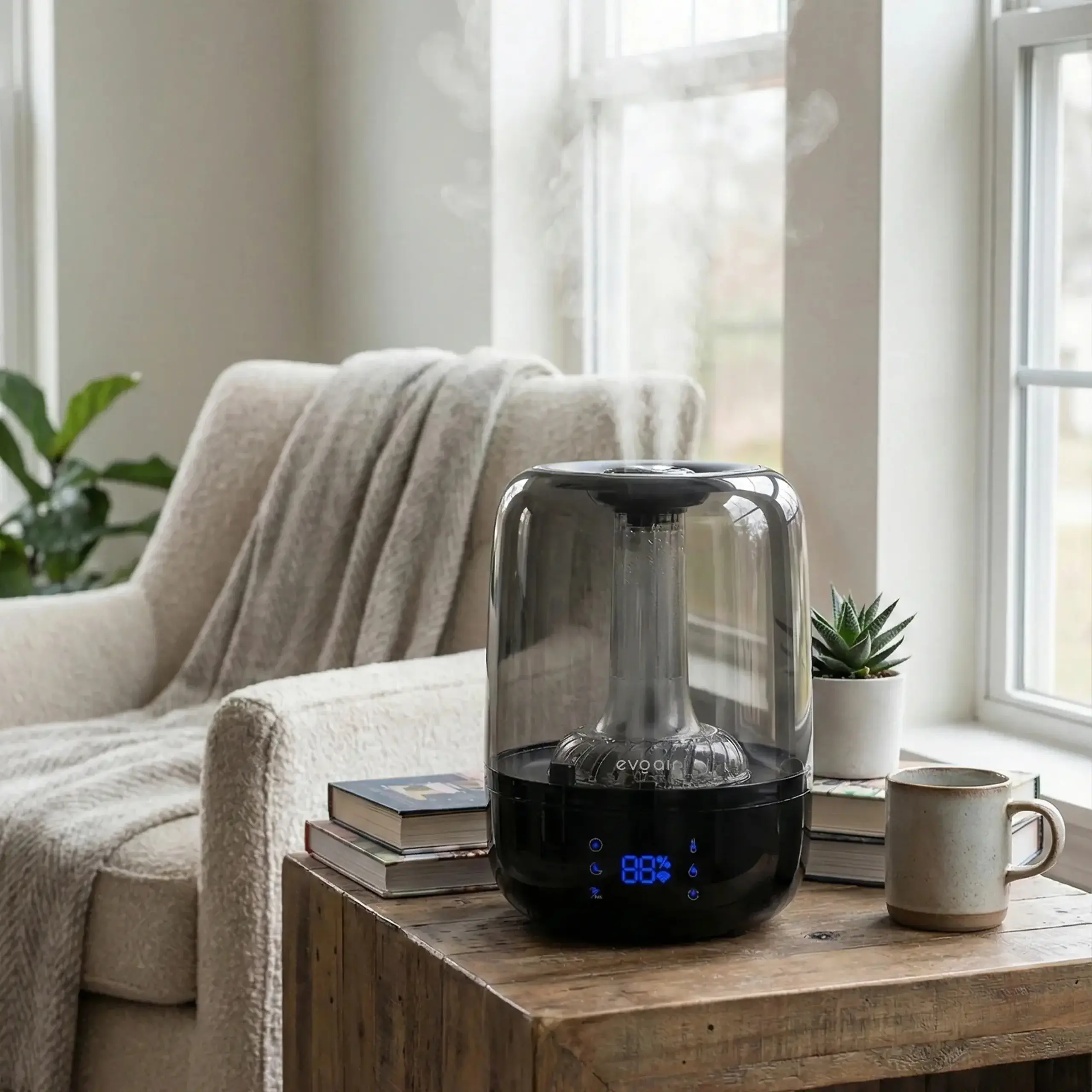 Umidificator Evoair LUNO, Smart, Wifi, Rezervor 2.5L, Capacitate de umidificare 150 ml/h, Senzor umiditate, Autonomie 16 ore, Indicator umiditate si temperatura, Filtru mineral Anticalcar - Negru, Gri