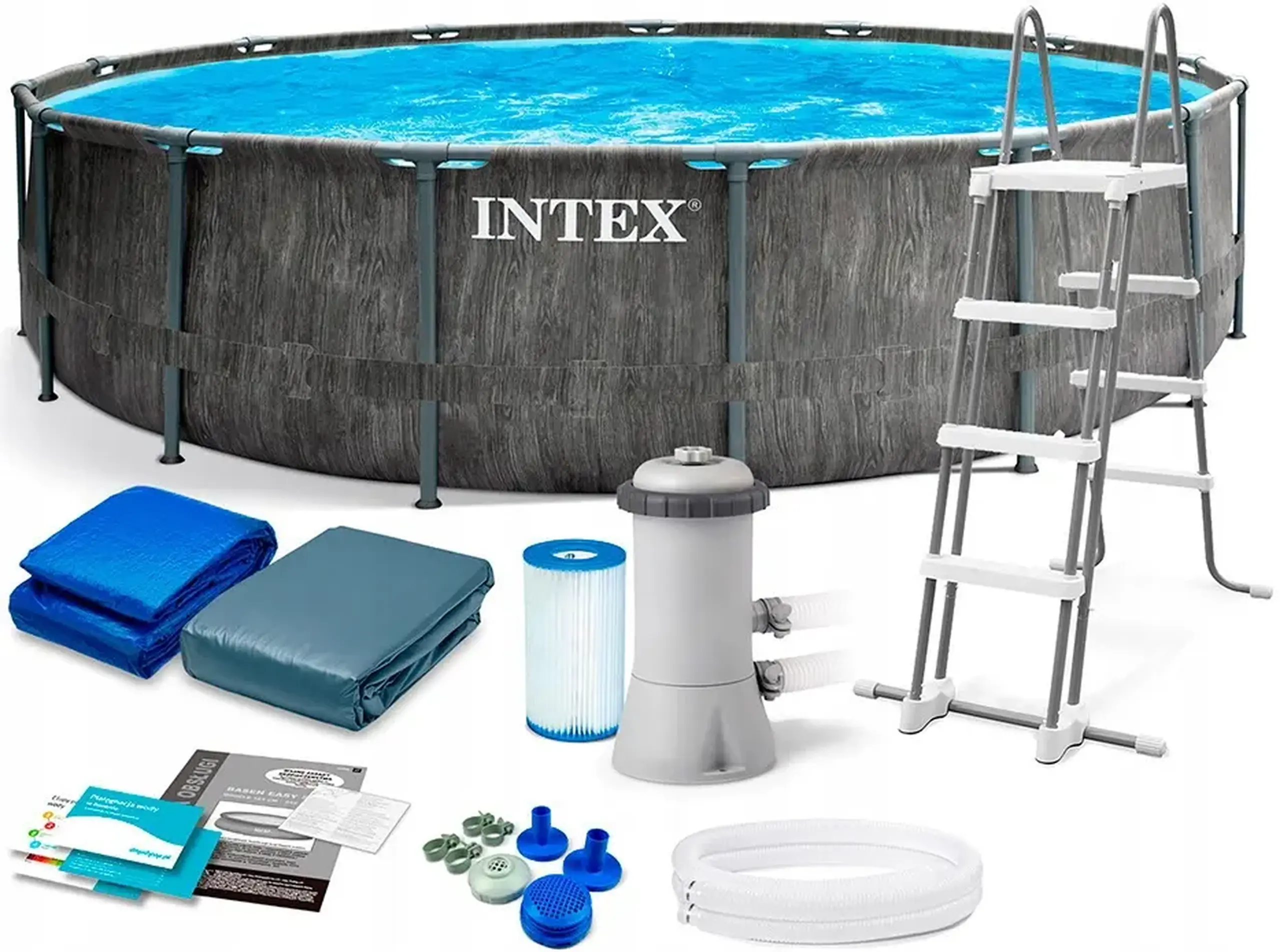 Piscina Intex 26742 GreyWood Premium, cadru metalic, 457 x 122 cm, pompa de filtrare + panou protectie + scara