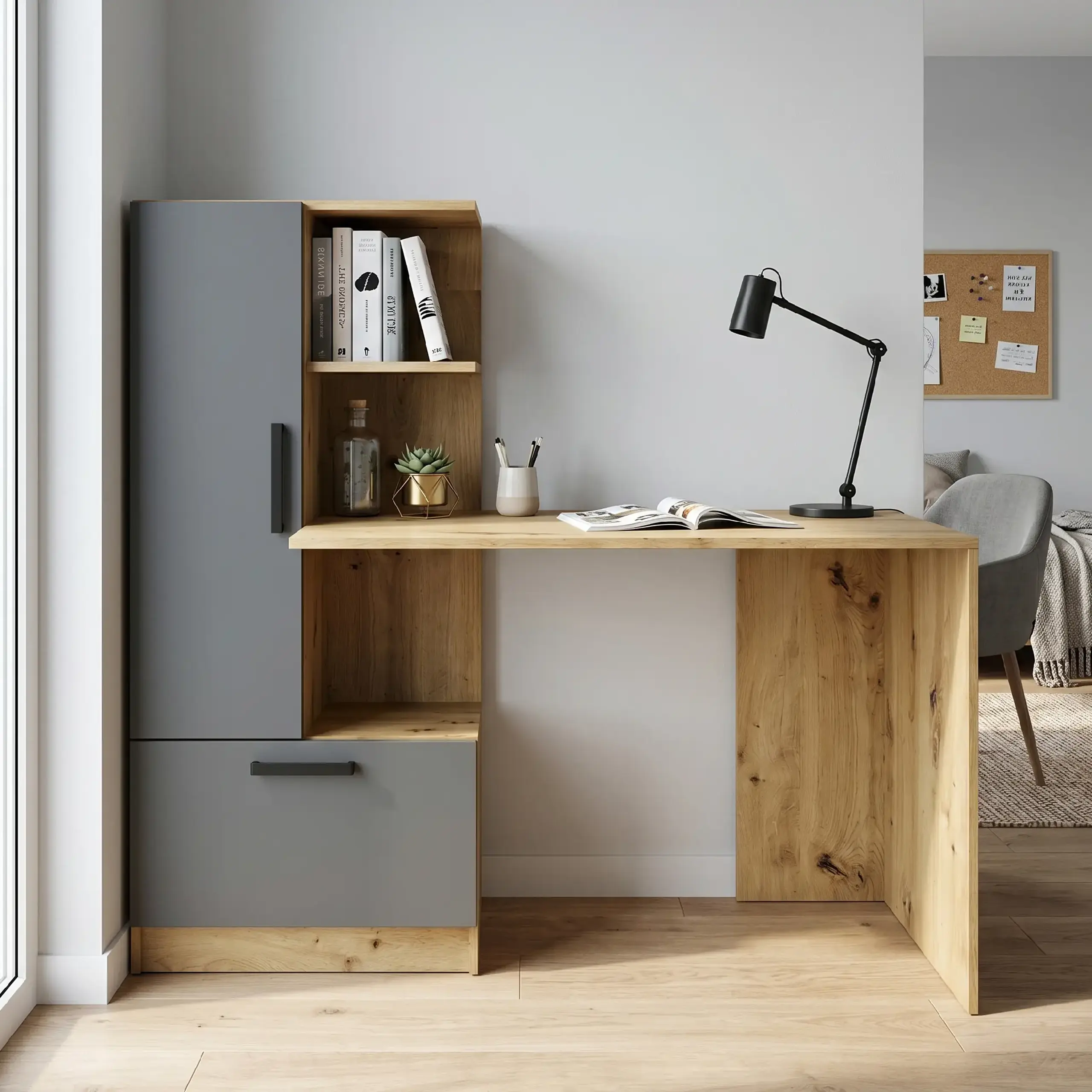 Masa 4home Standard (Masa stanga), 150x120x60 cm, Stejar Kraft Gri/Gri