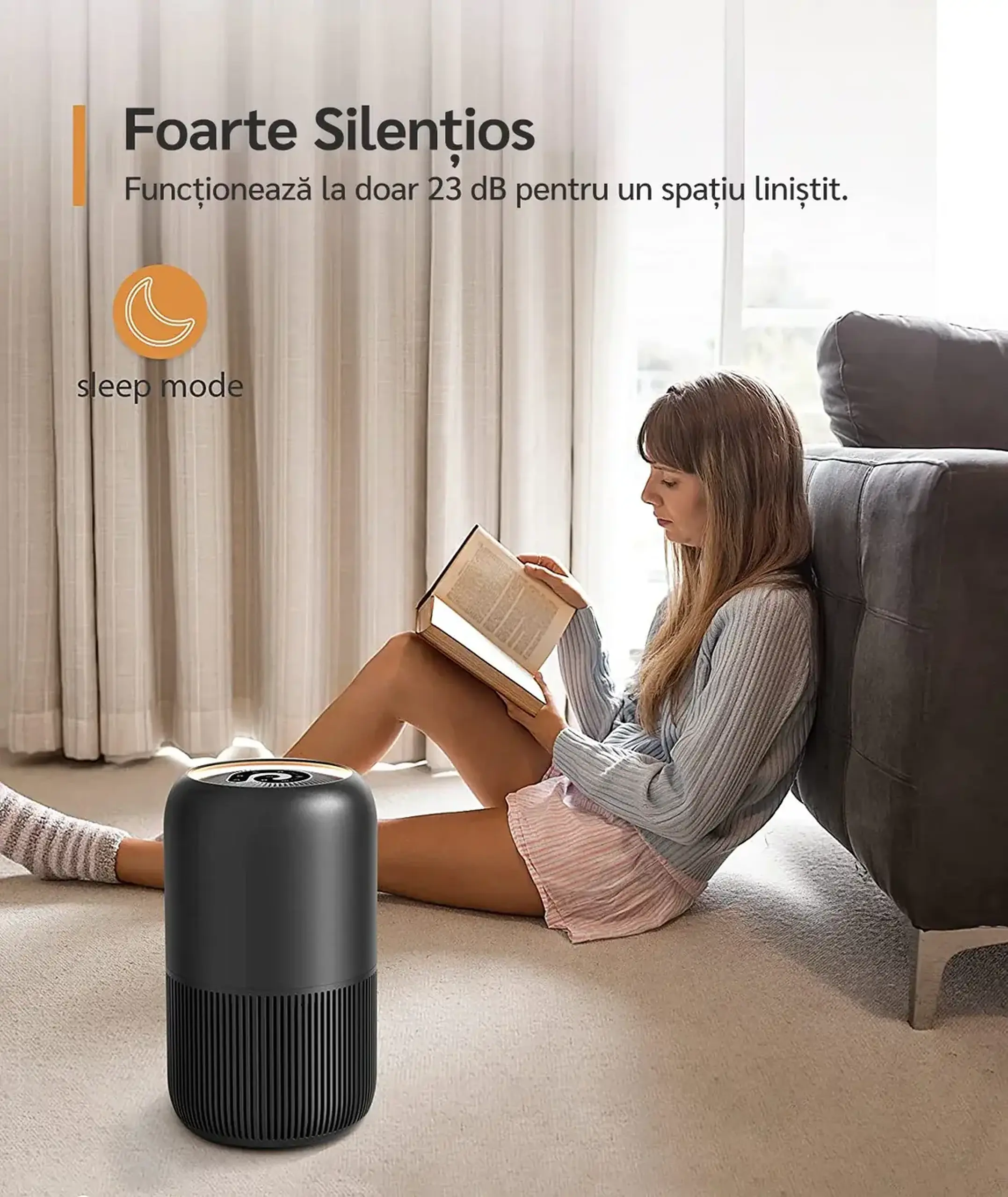 Purificator de aer Evoair, YuvoSpin, Lampa UV-C, Filtru 3in1, True Hepa, Carbon Activ,Negru