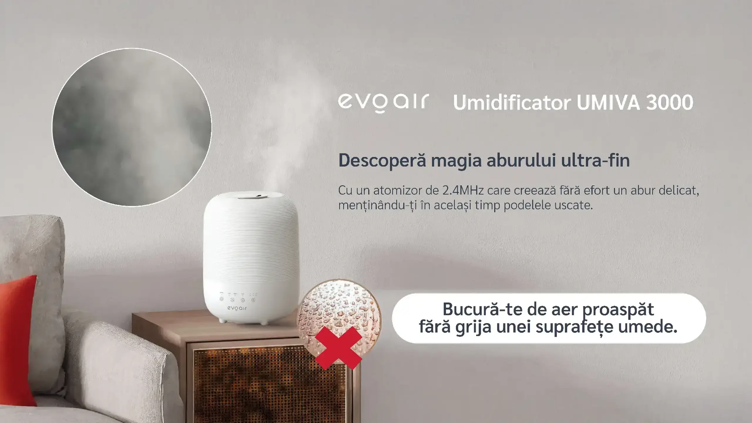 Umidificator Evoair UMIVA 3000 Rezorvor 3L, Capacitate de umidificare 300ml/h