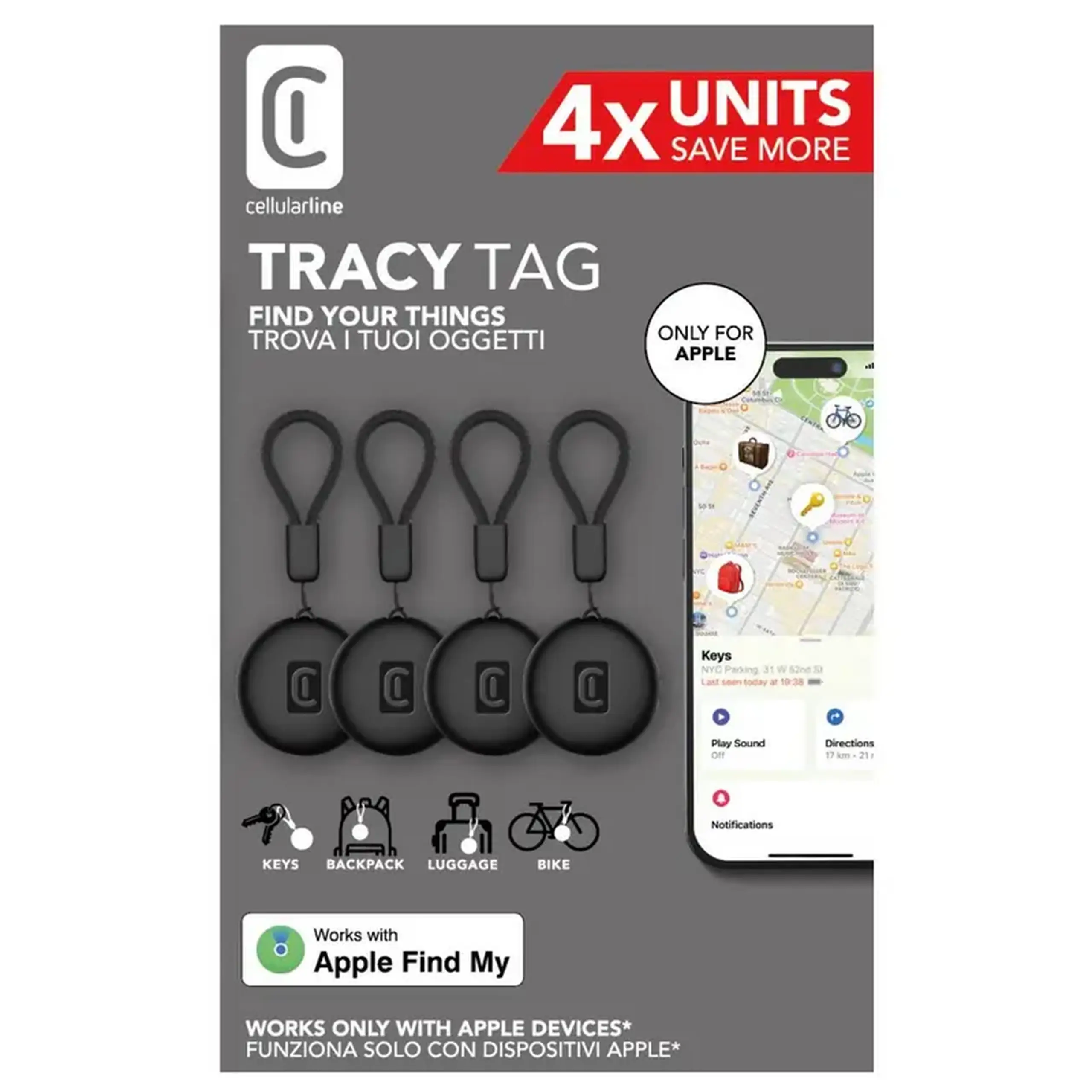 Tracker inteligent Cellularline Tracy Tag Dual MultiPack, Negru