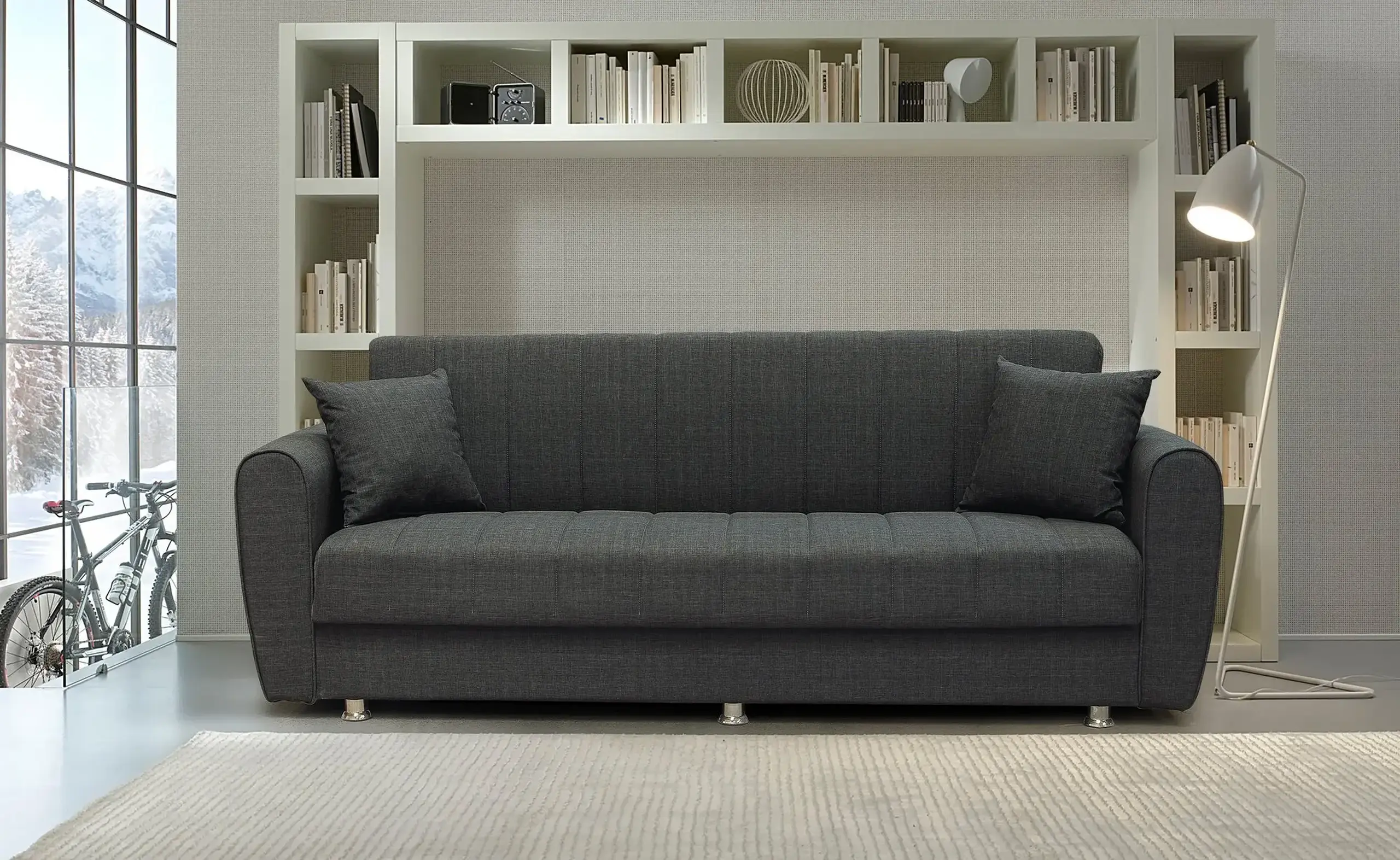 Canapea extensibila, Manes, cu lada de depozitare, 215 x 80 x 80 cm, Gri inchis
