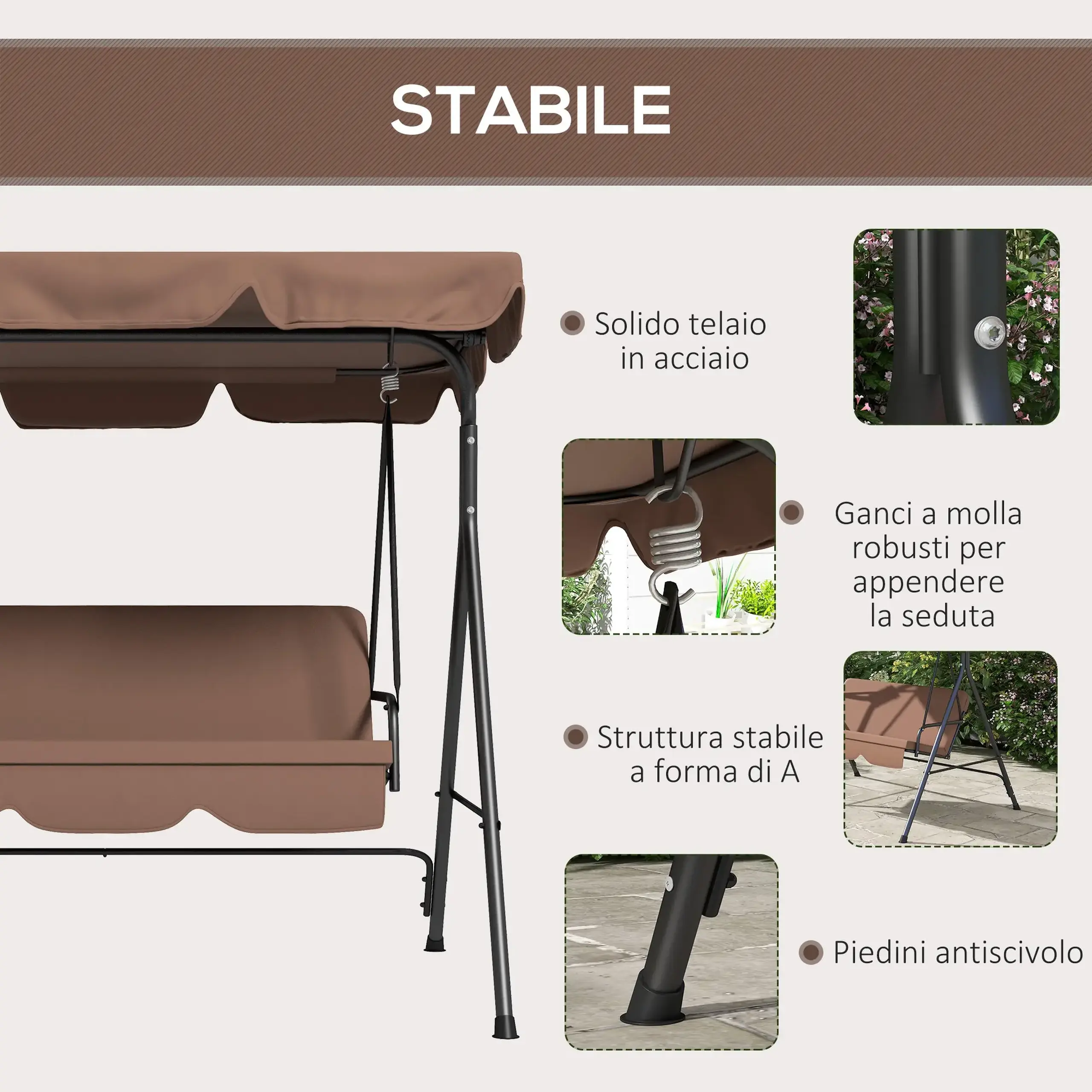 Leagan de gradina Outsunny, 3 locuri, Otel/Poliester, maro/negru, 172x110x153cm