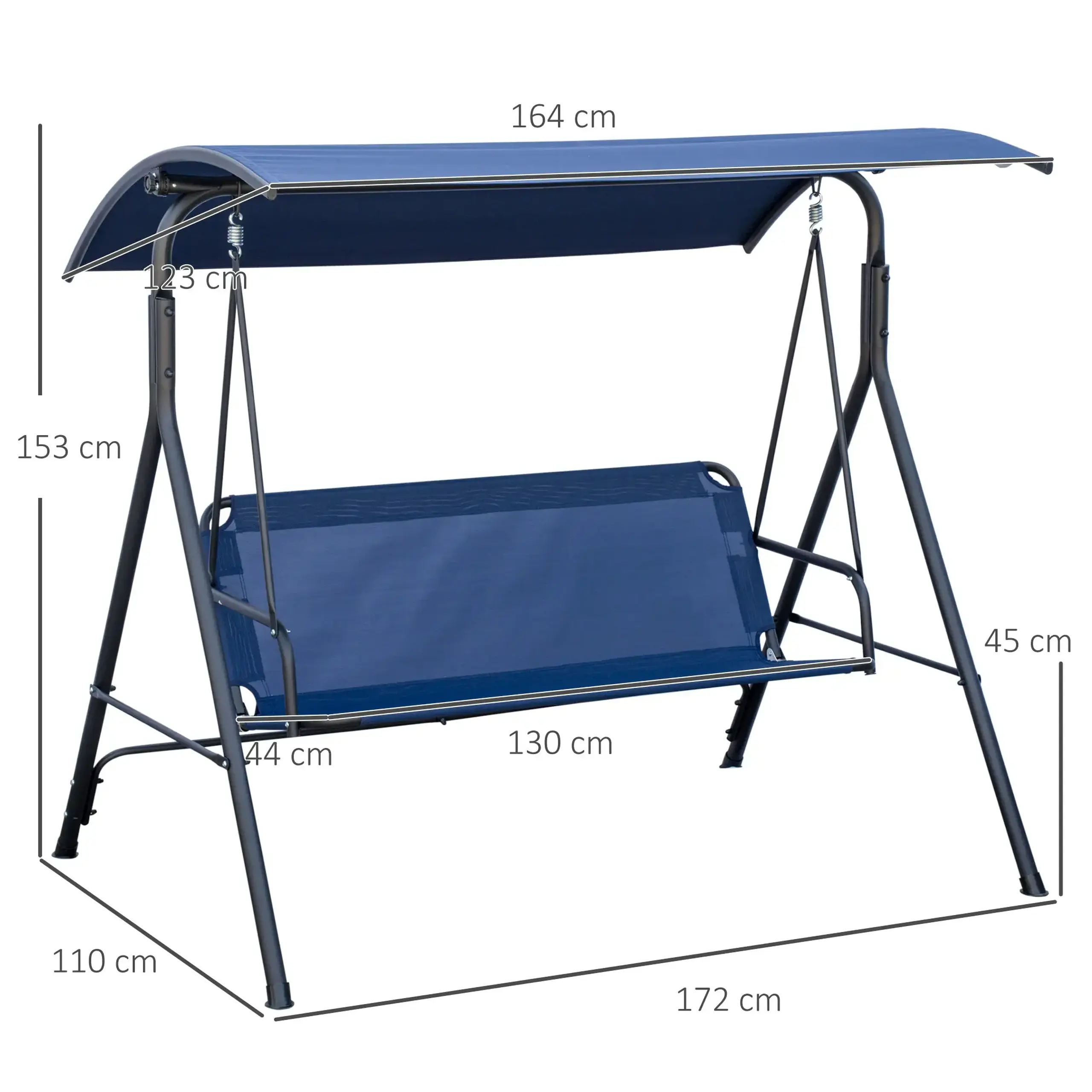 Leagan de gradina cu 3 locuri Outsunny cu baldachin reglabil, leagan de exterior din material Oxford si cadru de otel, 172x110x153 cm, albastru inchis