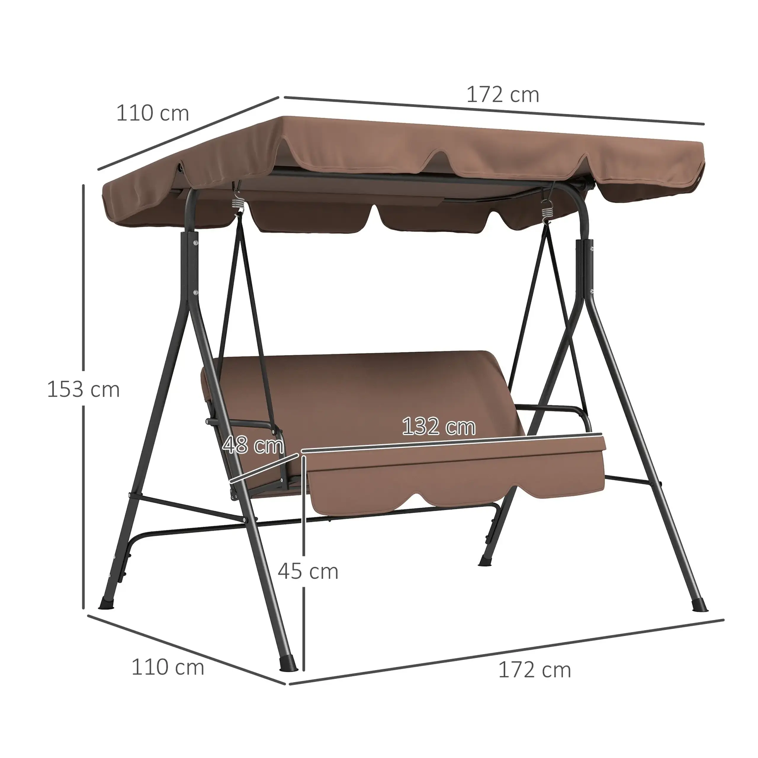 Leagan de gradina Outsunny, 3 locuri, Otel/Poliester, maro/negru, 172x110x153cm