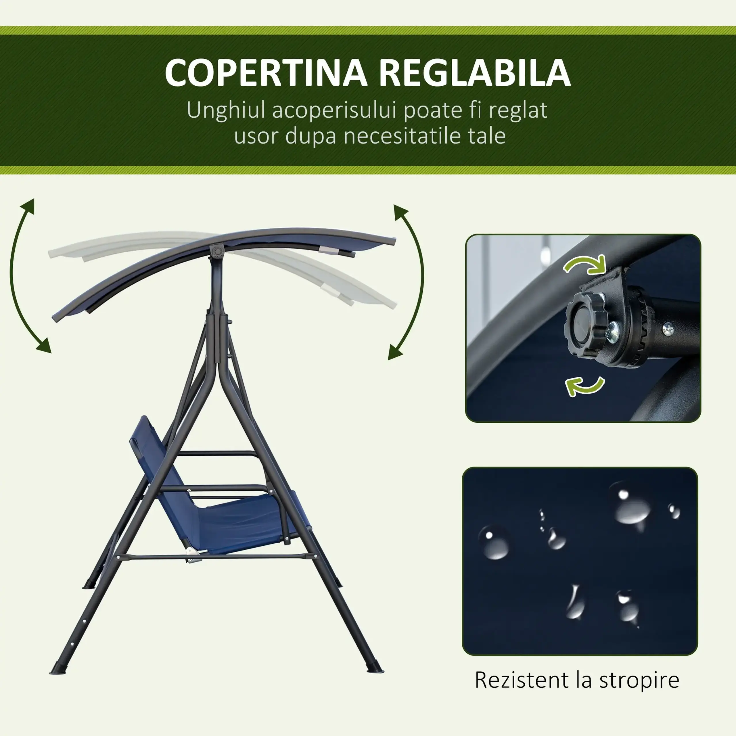 Leagan de gradina cu 3 locuri Outsunny cu baldachin reglabil, leagan de exterior din material Oxford si cadru de otel, 172x110x153 cm, albastru inchis