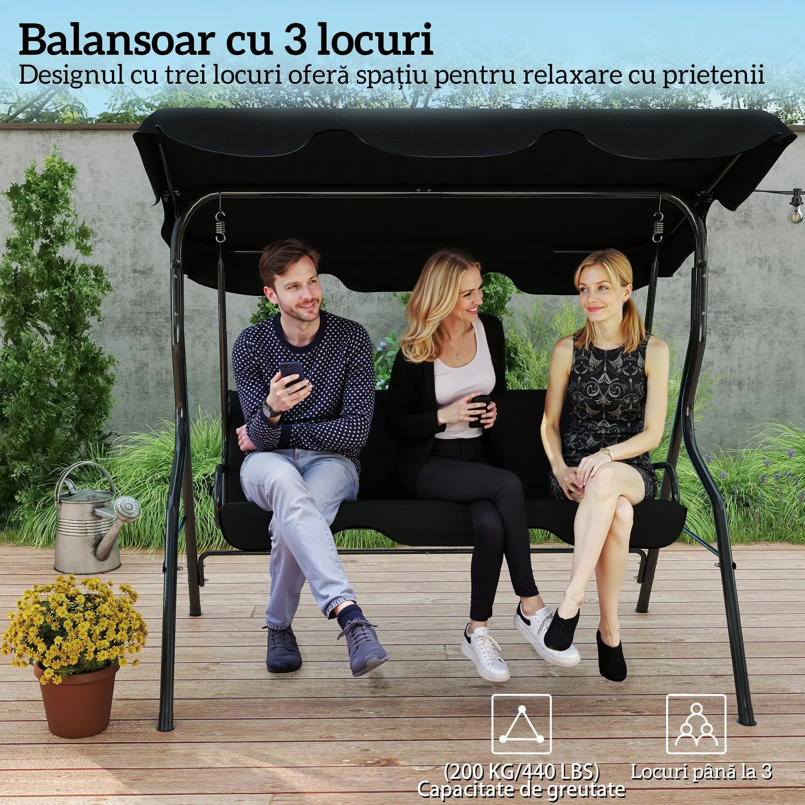 Balansoar, Outsunny, Otel, poliester,170cm x 110cm x 153cm, Negru