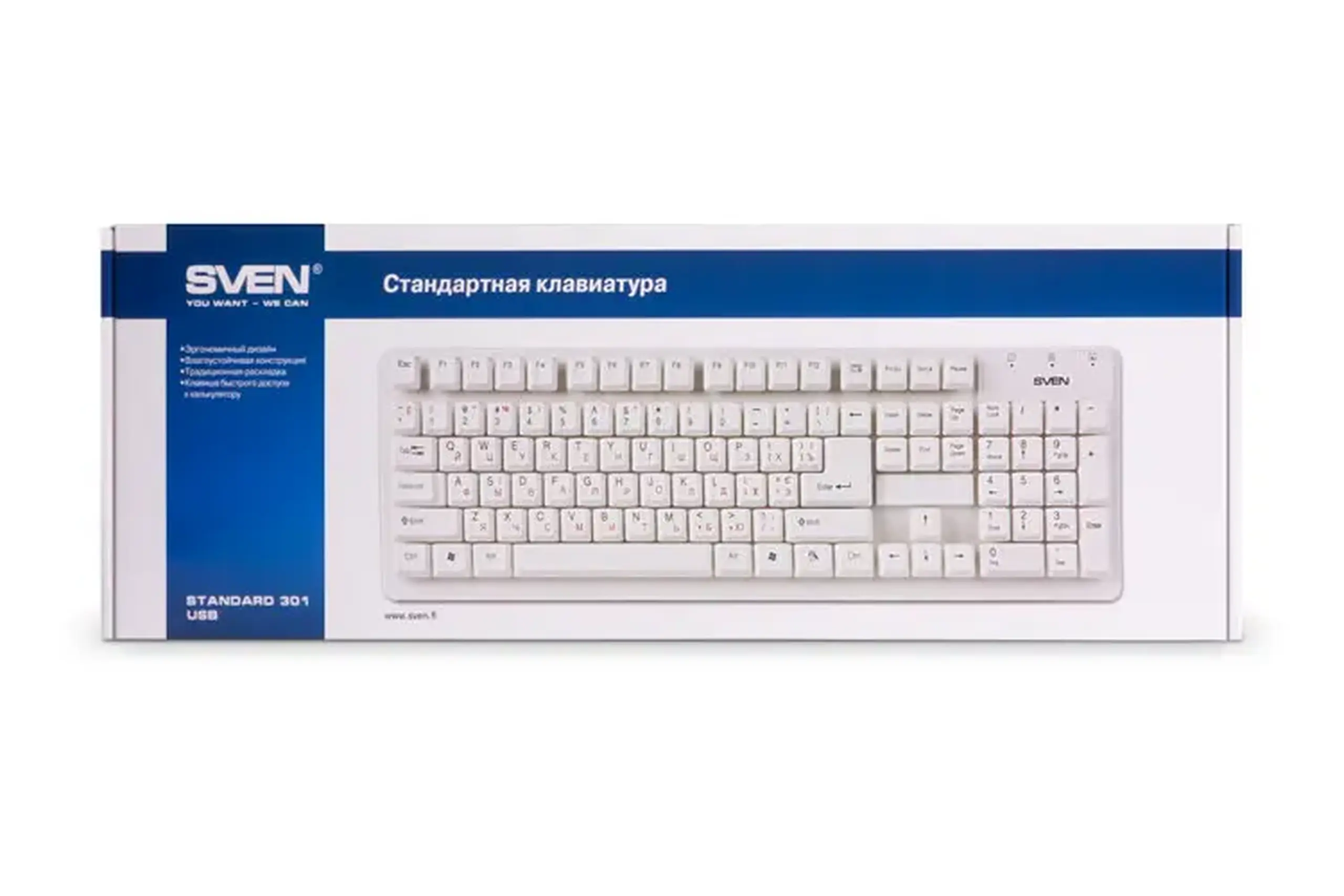 Keyboard SVEN Standard 301, Classic layout, Splash proof, Calculator key, 1.5m, USB, EN/RU, White