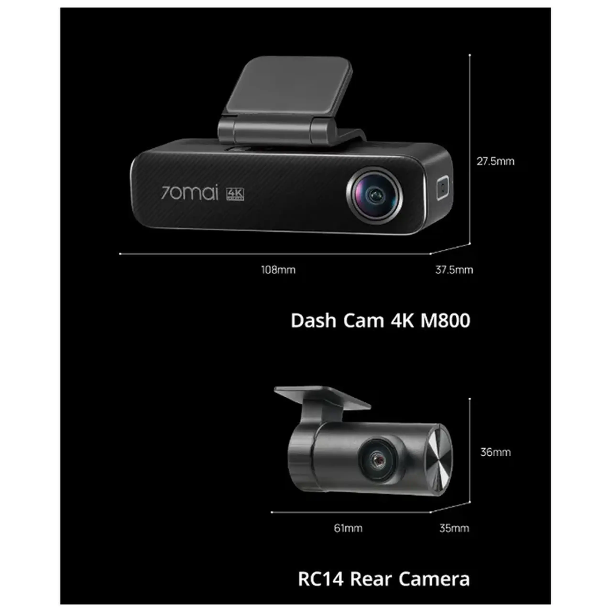 Set Dash Cam față și spate 70mai 4K M800-2 + Rear Cam RC14, Negru