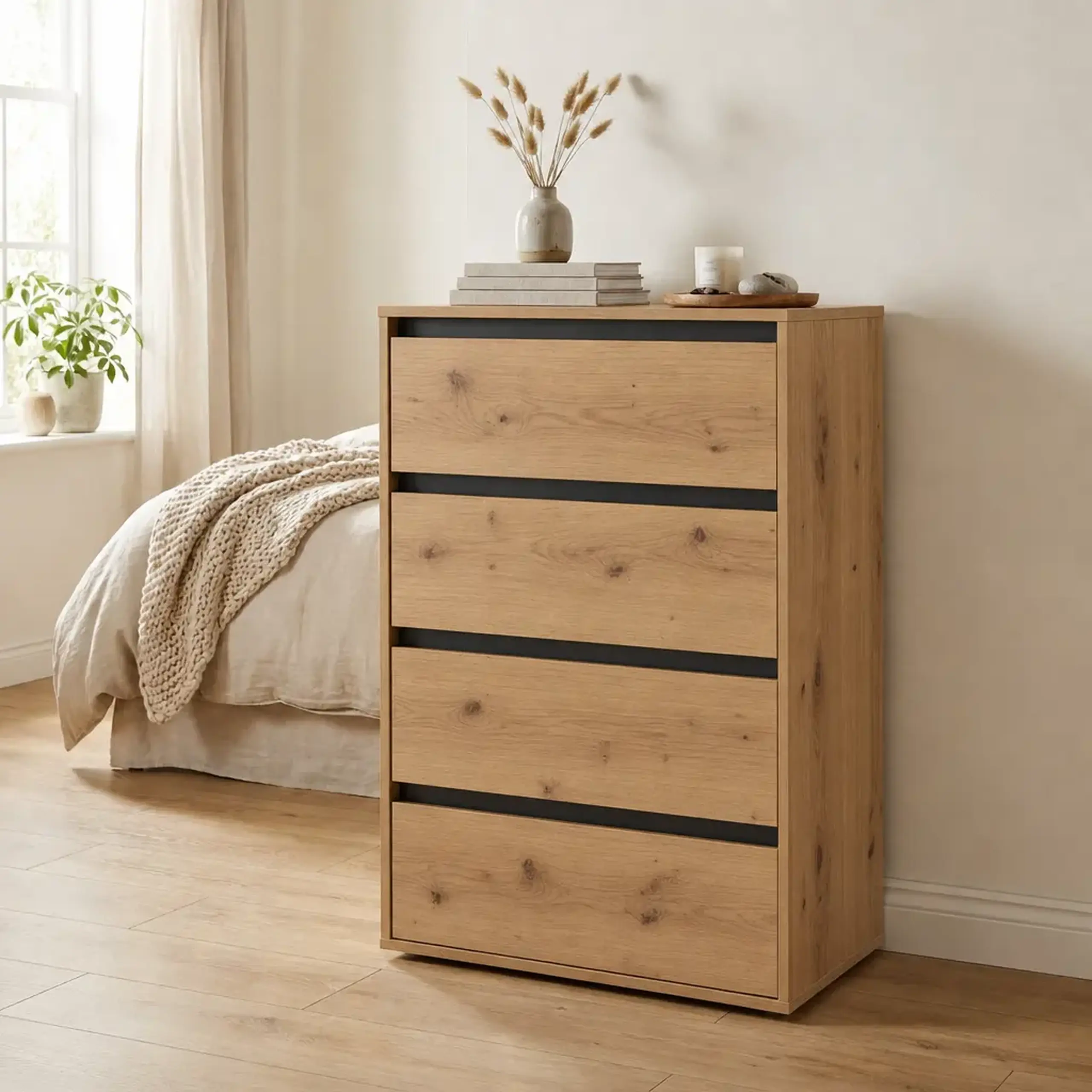 Comoda 4home Ideea K, 60x100x42 cm, 4 sertare, Stejar Artizanal/Gri Grafit