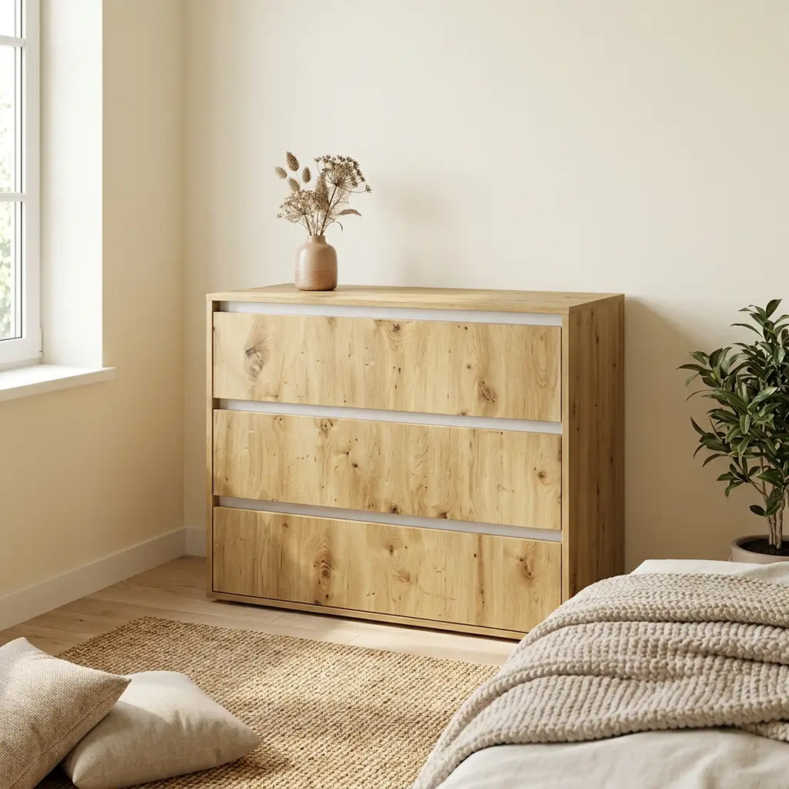 Comoda 4home Ideea K, 76x80x42 cm, 3 sertare, Stejar Artizanal/Nimfea Alba
