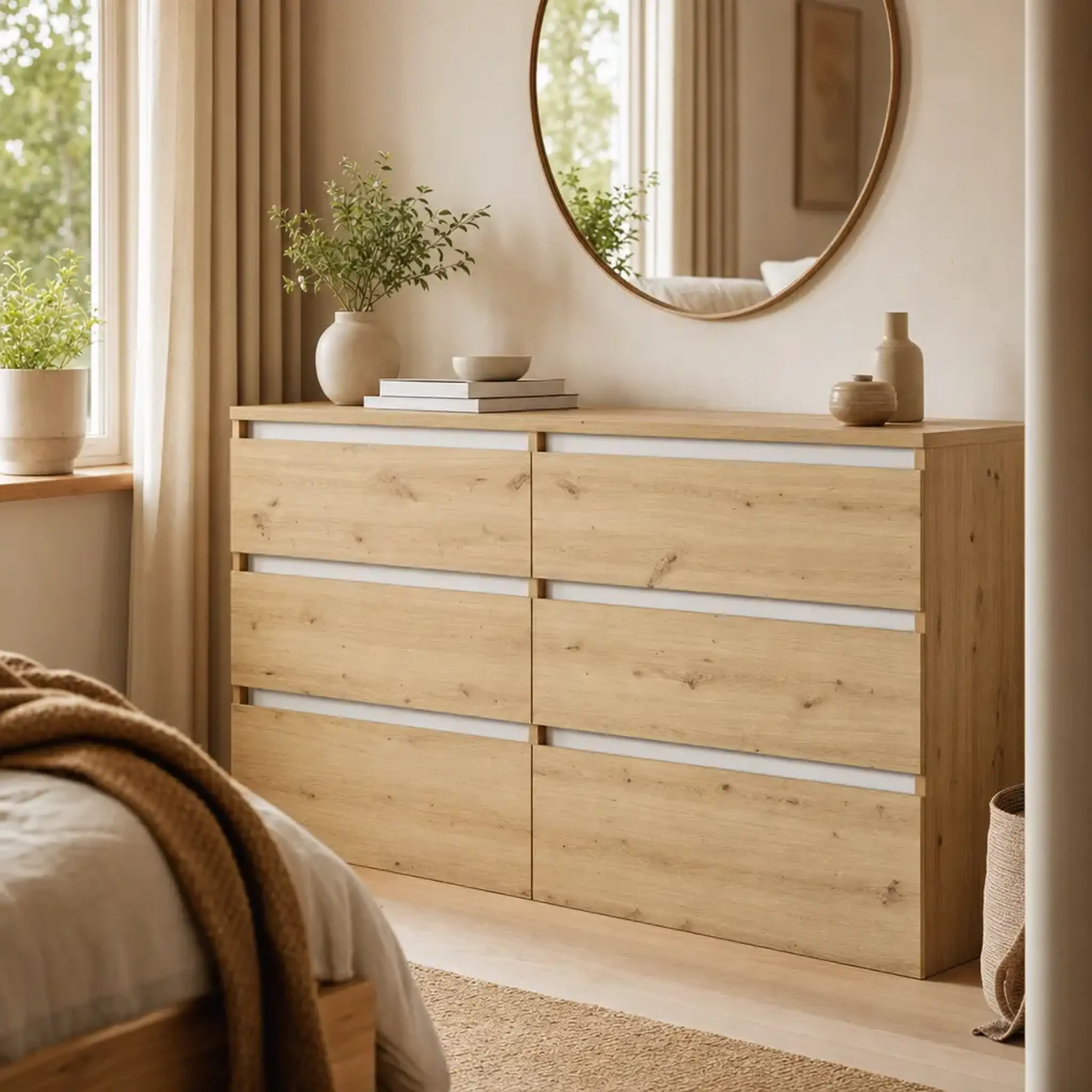Comoda 4home Ideea K, 76x120x42 cm, 6 sertare, Stejar Artizanal/Nimfea Alba
