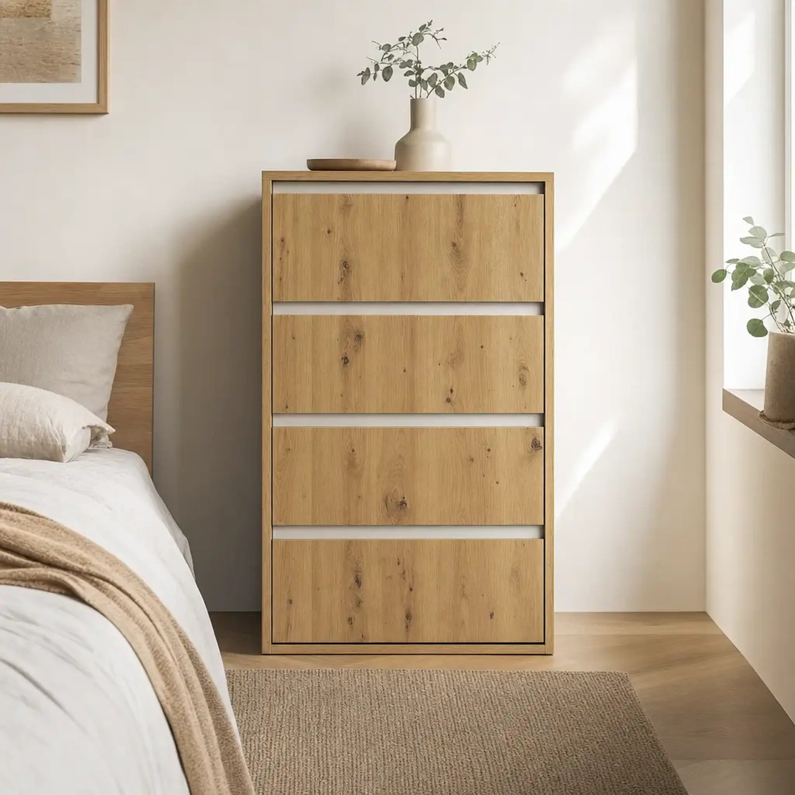 Comoda 4home Ideea K, 60x100x42 cm, 4 sertare, Stejar Artizanal/Nimfea Alba