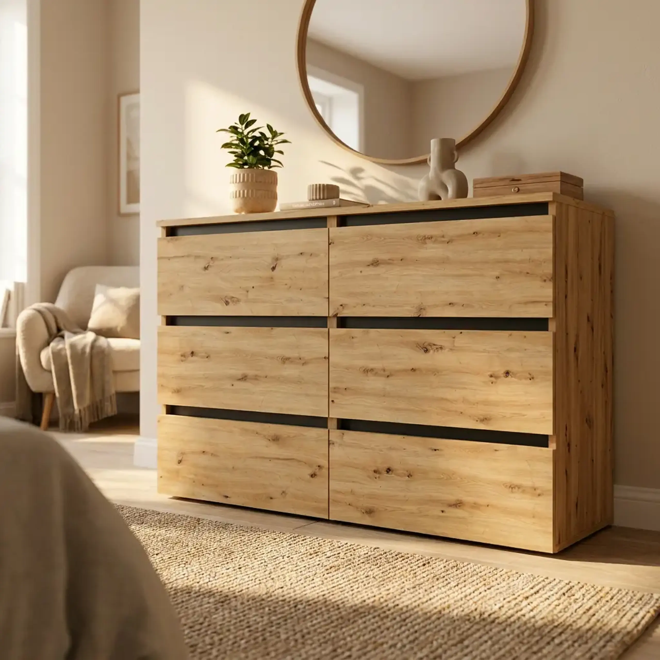 Comoda 4home Ideea K, 76x120x42 cm, 6 sertare, Stejar Artizanal/Gri Grafit