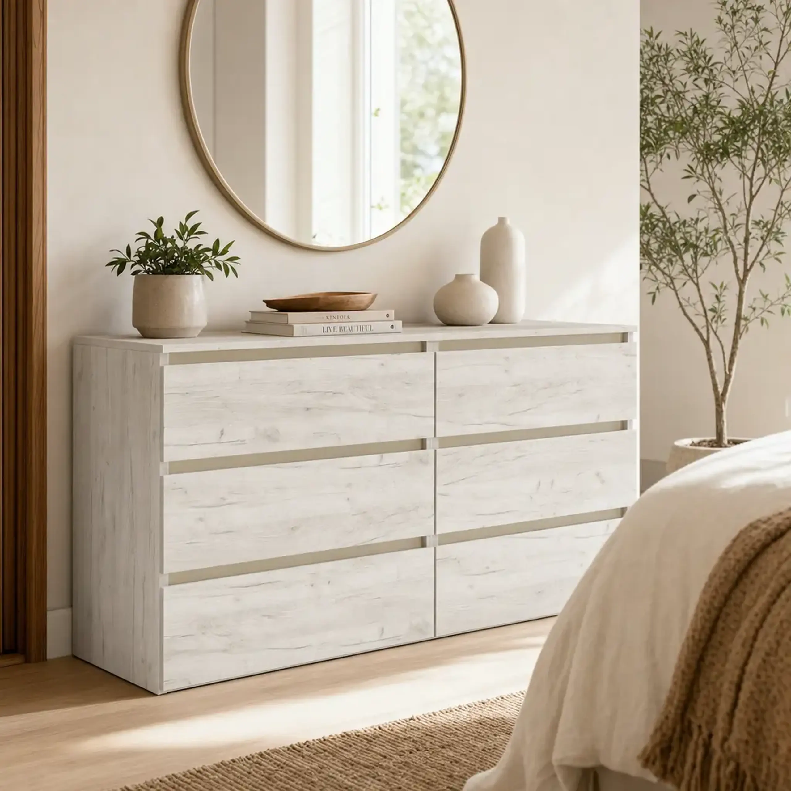 Comoda 4home Ideea K, 76x120x42 cm, 6 sertare, Stejar Kraft Gri/Satin