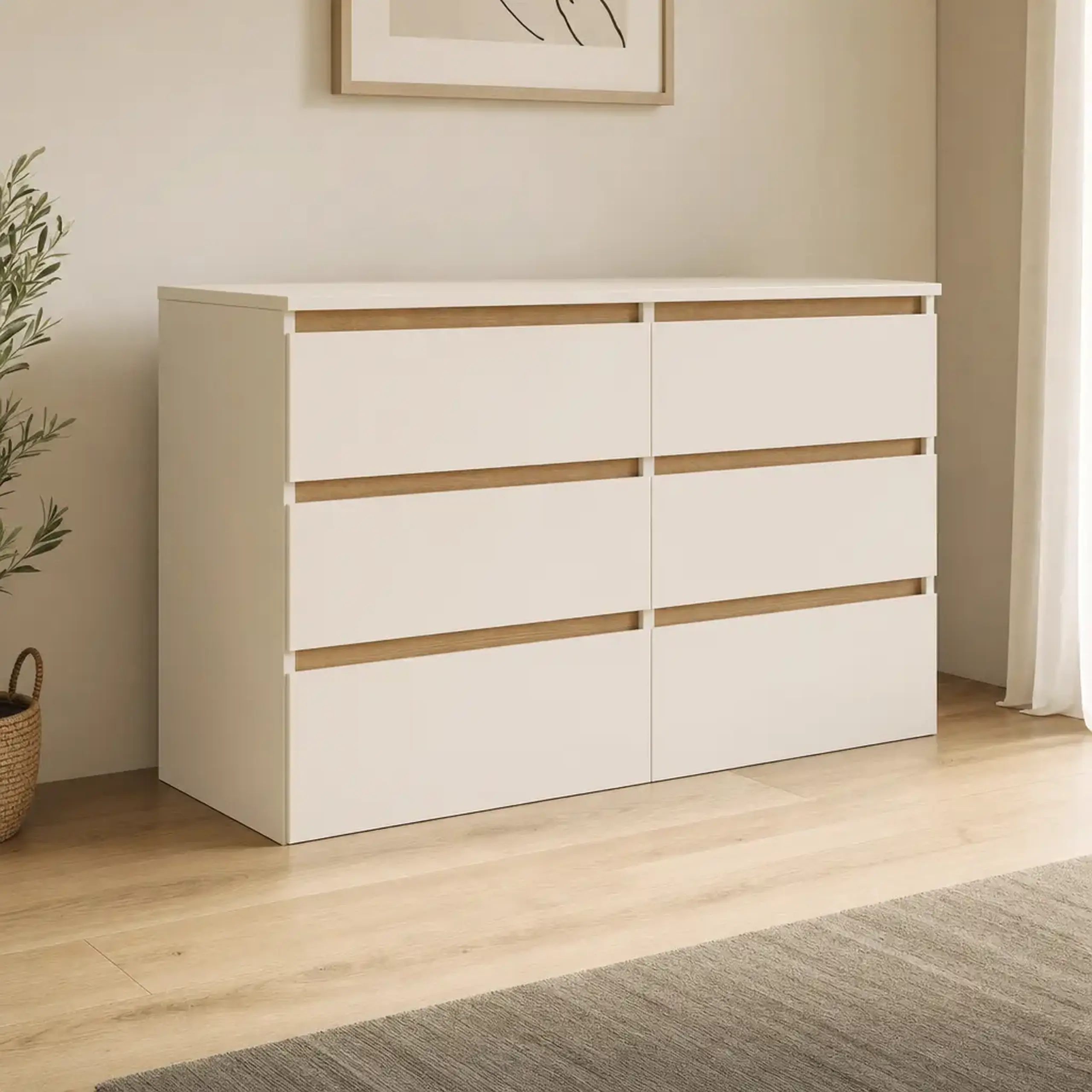 Comoda 4home Ideea K, 76x120x42 cm, 6 sertare, Satin/Stejar Kraft Auriu