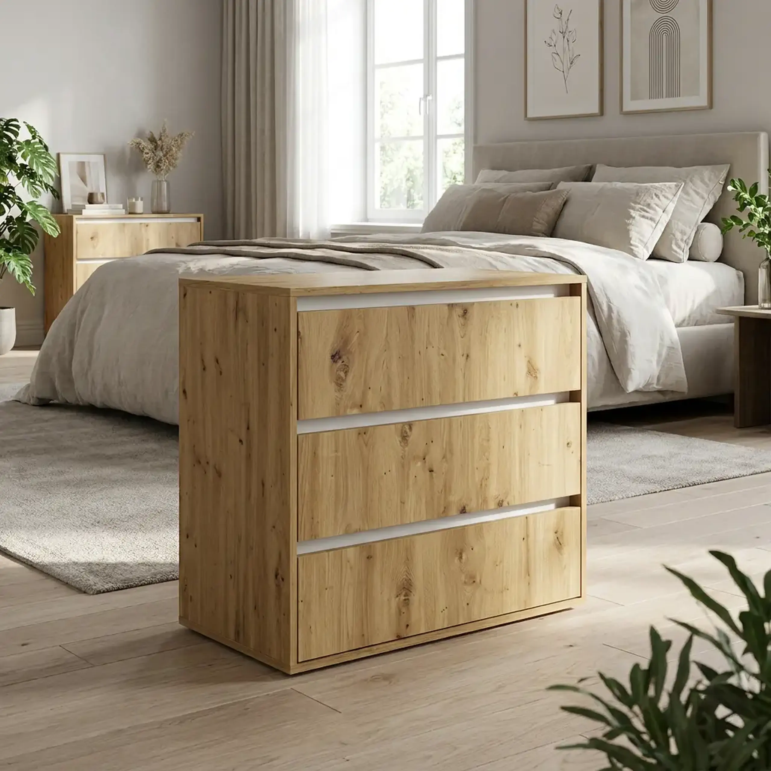 Comoda 4home Ideea K, 76x80x42 cm, 3 sertare, Stejar Artizanal/Nimfea Alba