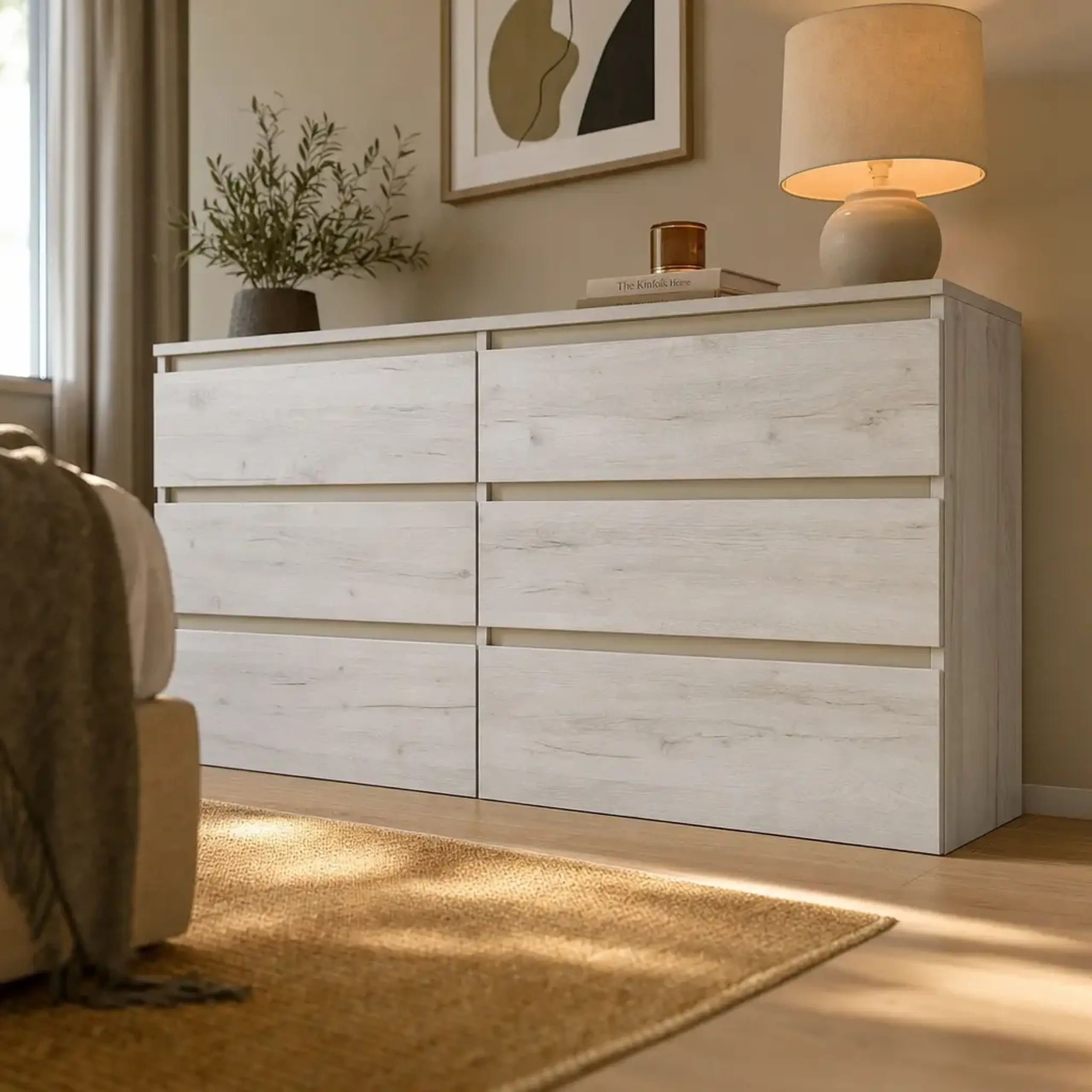 Comoda 4home Ideea K, 76x120x42 cm, 6 sertare, Stejar Kraft Gri/Satin