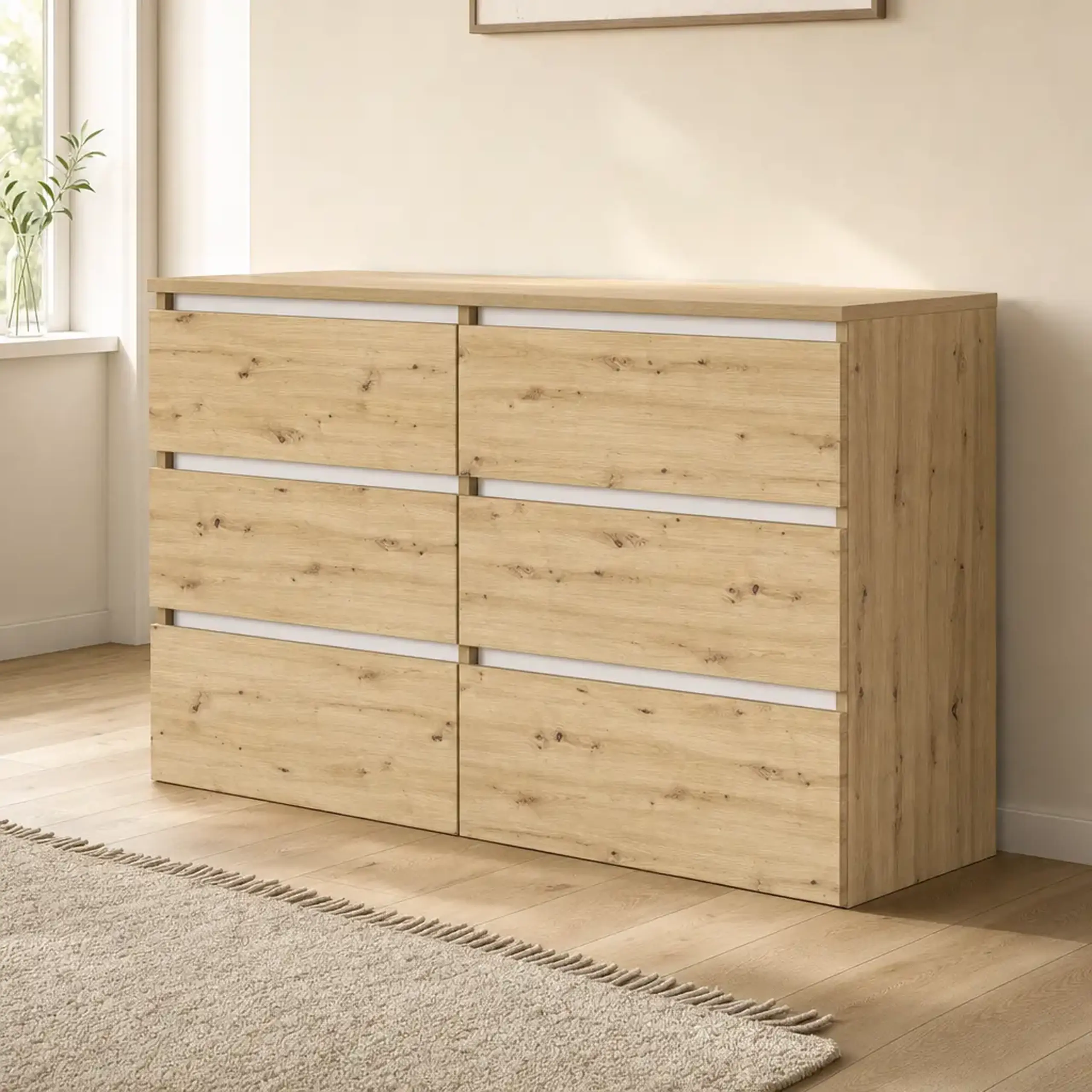 Comoda 4home Ideea K, 76x120x42 cm, 6 sertare, Stejar Artizanal/Nimfea Alba