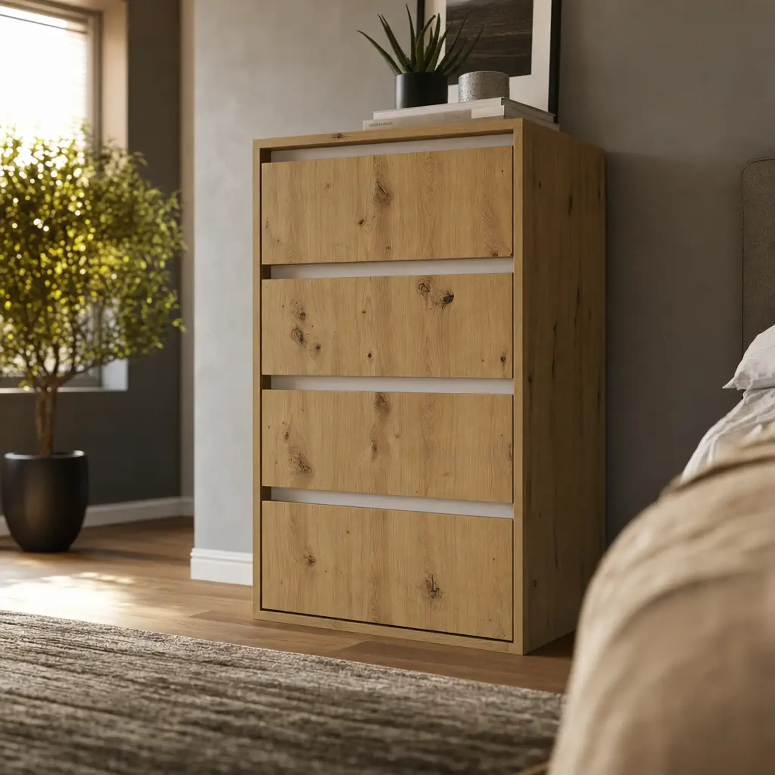 Comoda 4home Ideea K, 60x100x42 cm, 4 sertare, Stejar Artizanal/Nimfea Alba