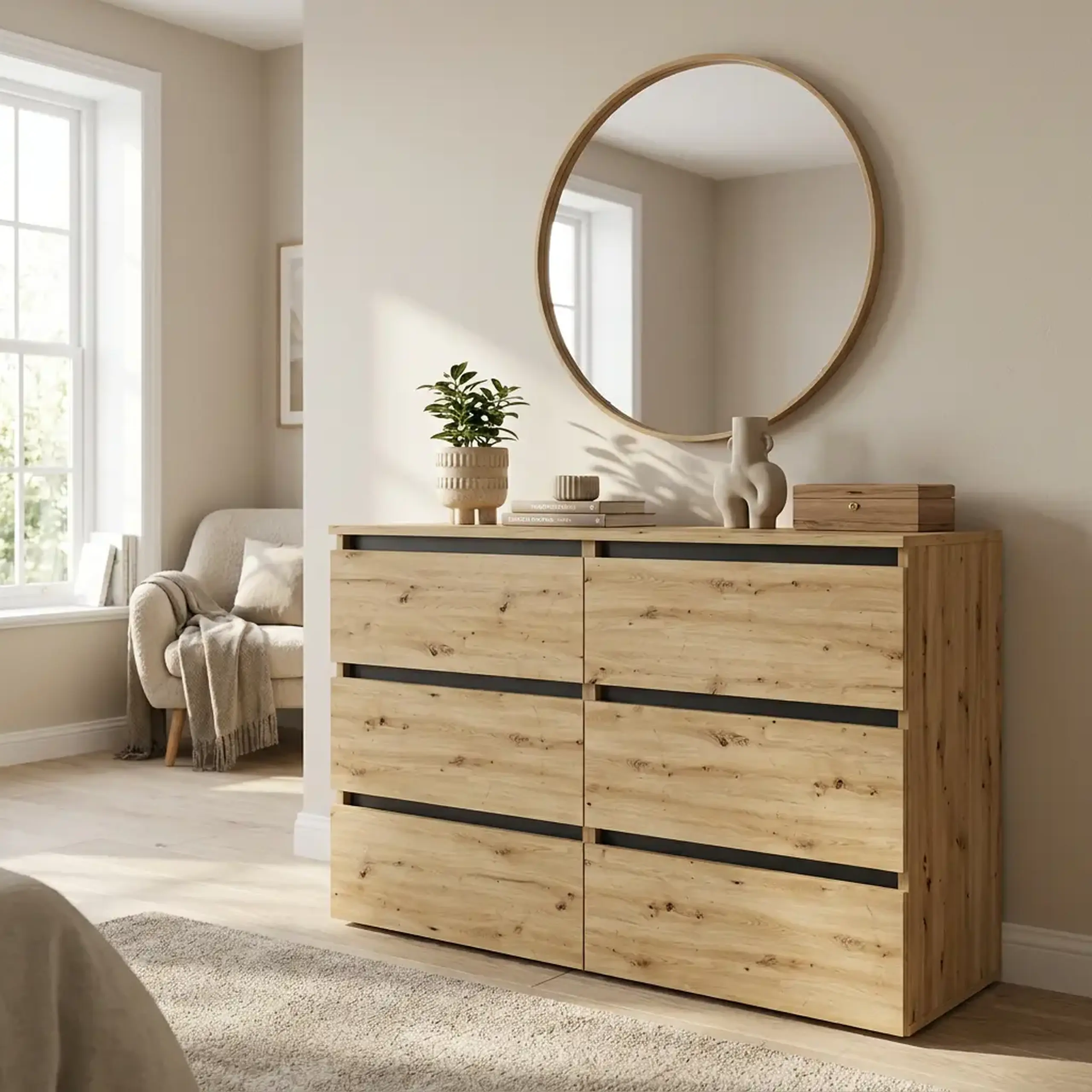 Comoda 4home Ideea K, 76x120x42 cm, 6 sertare, Stejar Artizanal/Gri Grafit