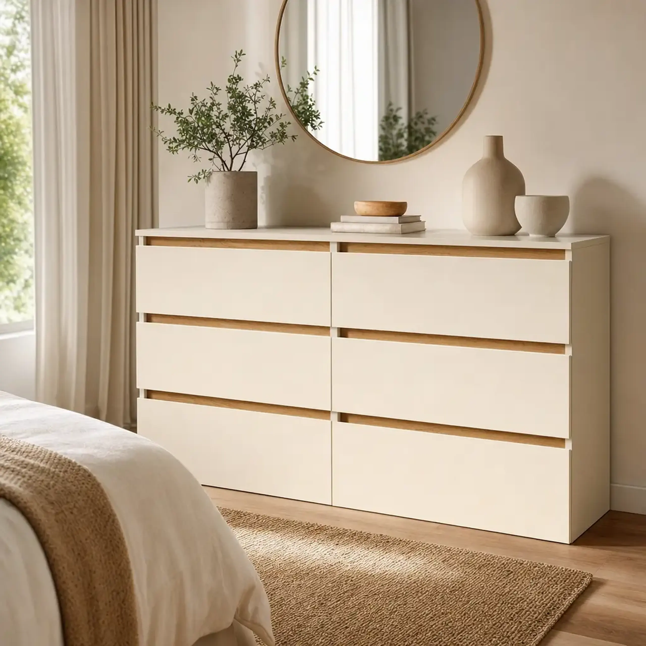 Comoda 4home Ideea K, 76x120x42 cm, 6 sertare, Satin/Stejar Kraft Auriu