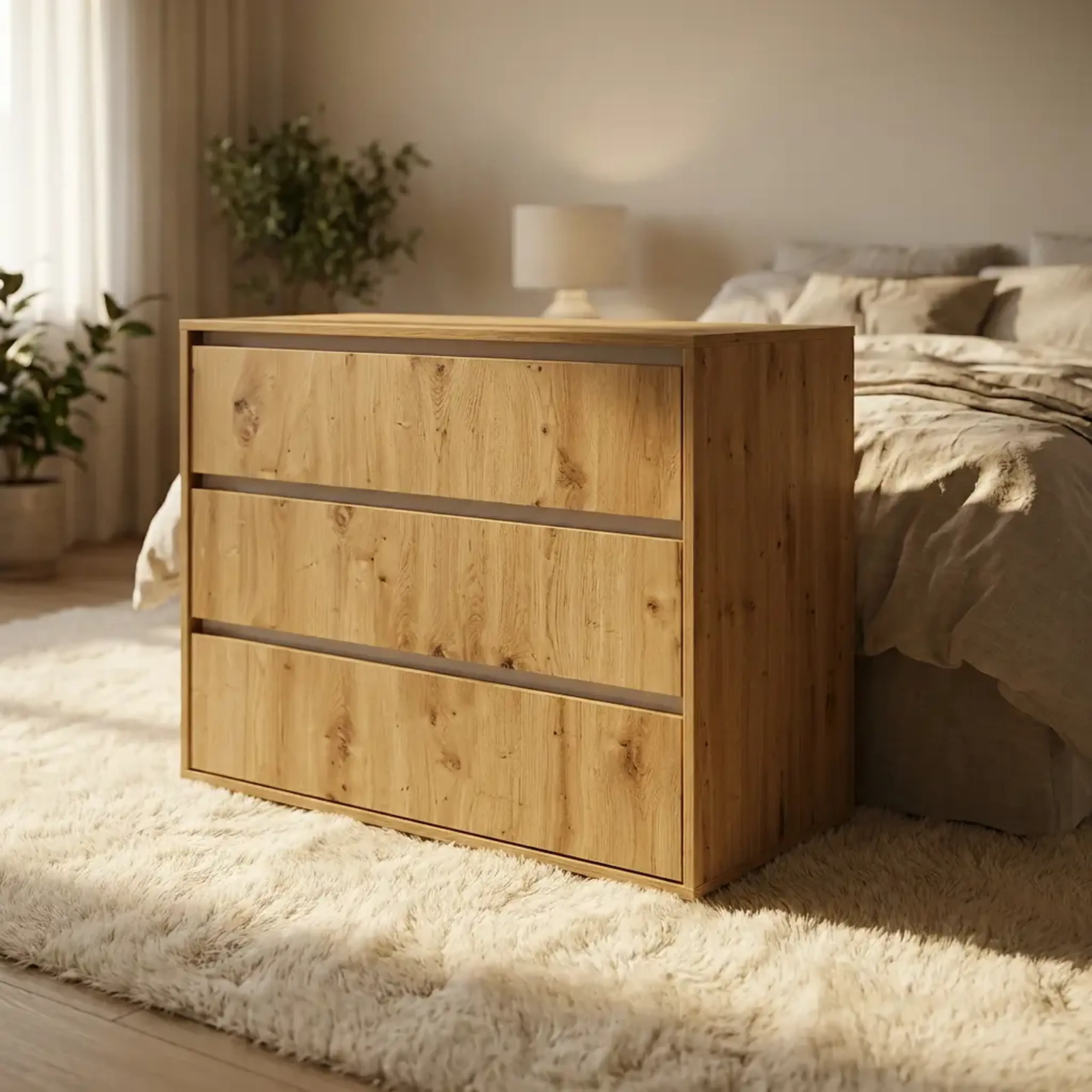 Comoda 4home Ideea K, 76x80x42 cm, 3 sertare, Stejar Artizanal/Nimfea Alba