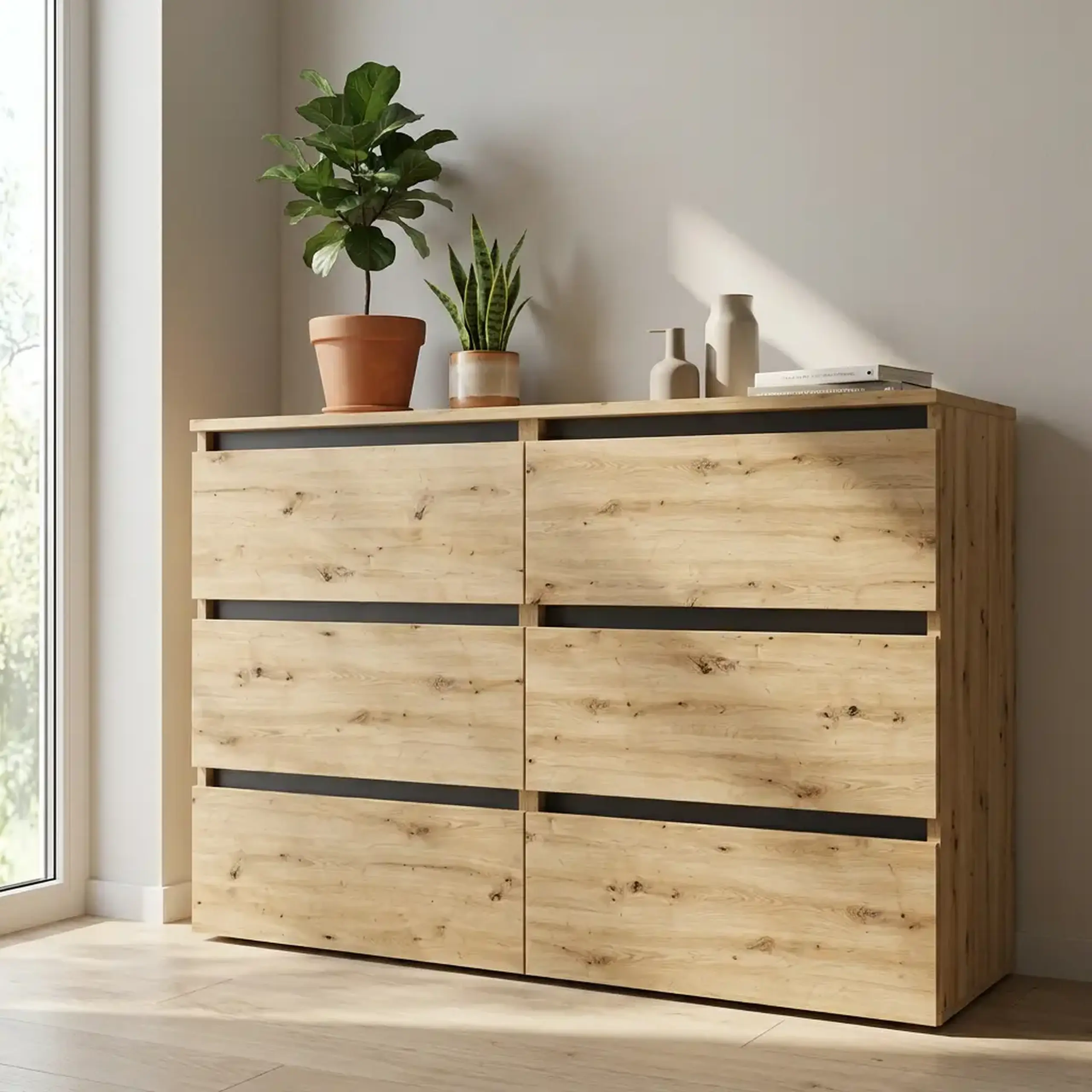 Comoda 4home Ideea K, 76x120x42 cm, 6 sertare, Stejar Artizanal/Gri Grafit