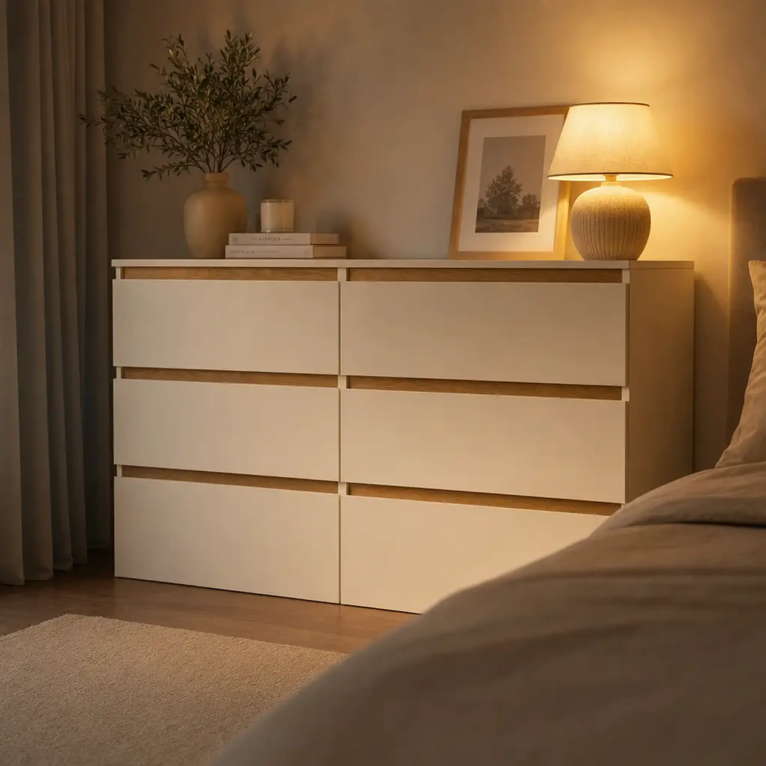 Comoda 4home Ideea K, 76x120x42 cm, 6 sertare, Satin/Stejar Kraft Auriu