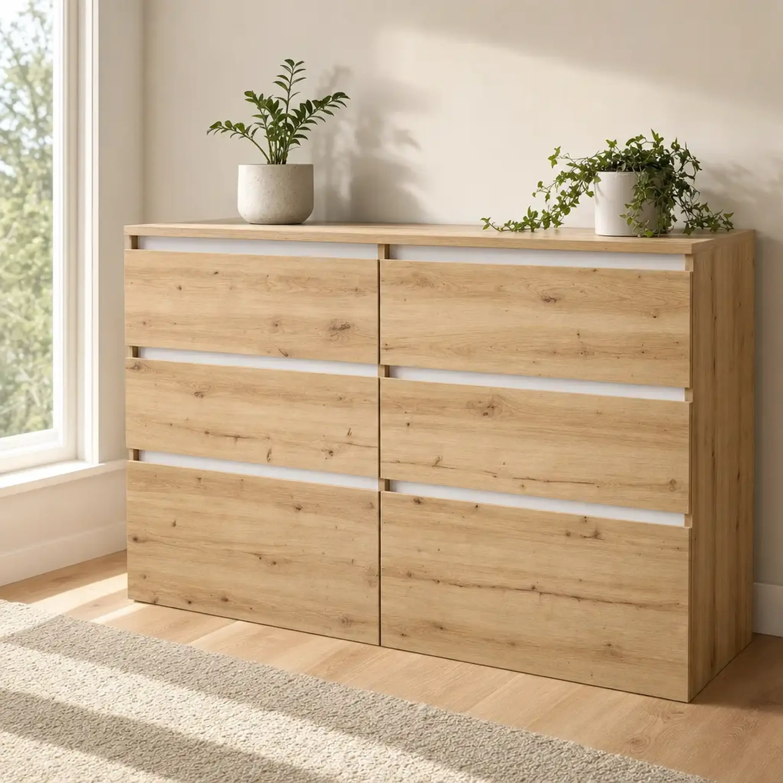 Comoda 4home Ideea K, 76x120x42 cm, 6 sertare, Stejar Artizanal/Nimfea Alba
