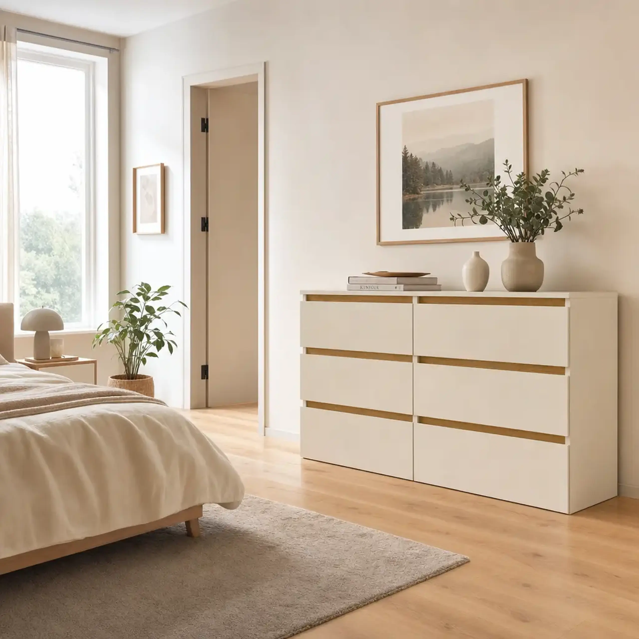 Comoda 4home Ideea K, 76x120x42 cm, 6 sertare, Satin/Stejar Kraft Auriu