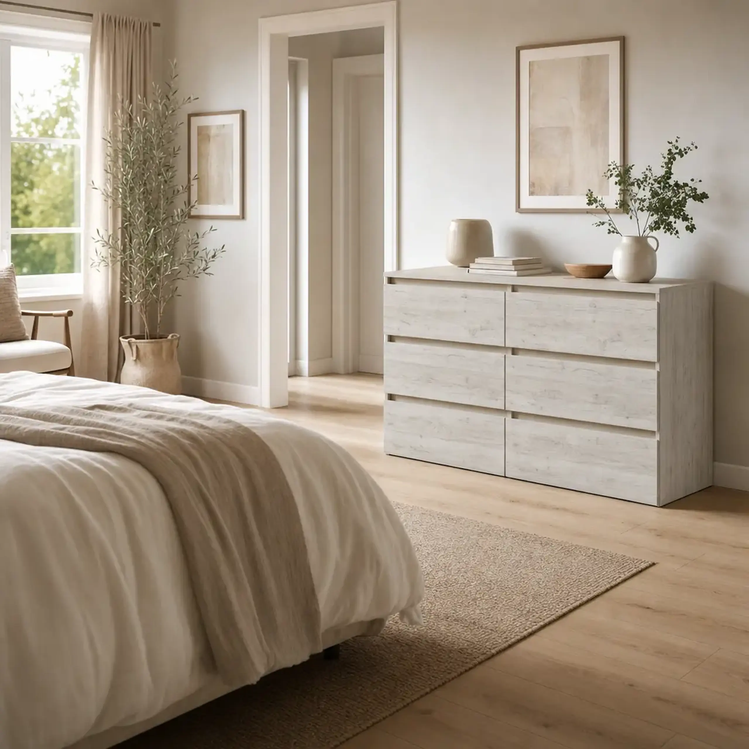 Comoda 4home Ideea K, 76x120x42 cm, 6 sertare, Stejar Kraft Gri/Satin