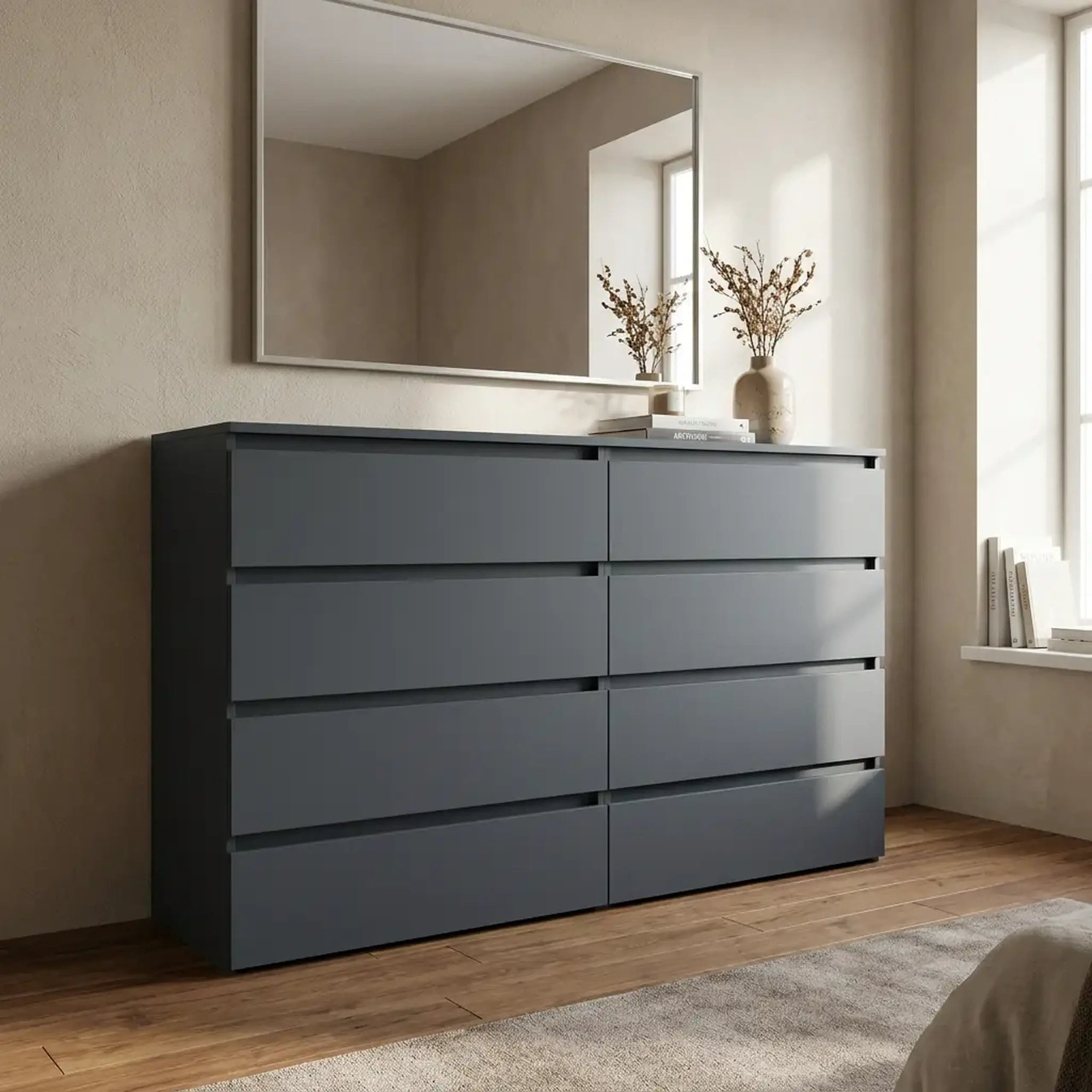 Comoda 4home Ideea K, 100x160x42 cm, 8 sertare, Gri Grafit/ Gri Grafit