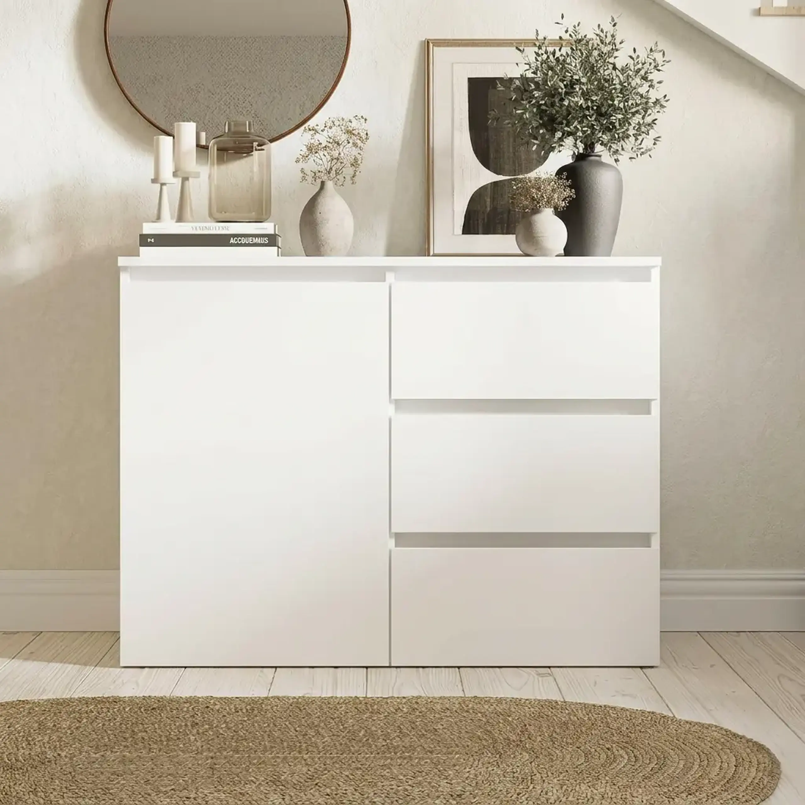 Comoda 4home Ideea K, 76x100x42 cm, 1 usa, 3 sertare, Nimfea Alba/ Nimfea Alba