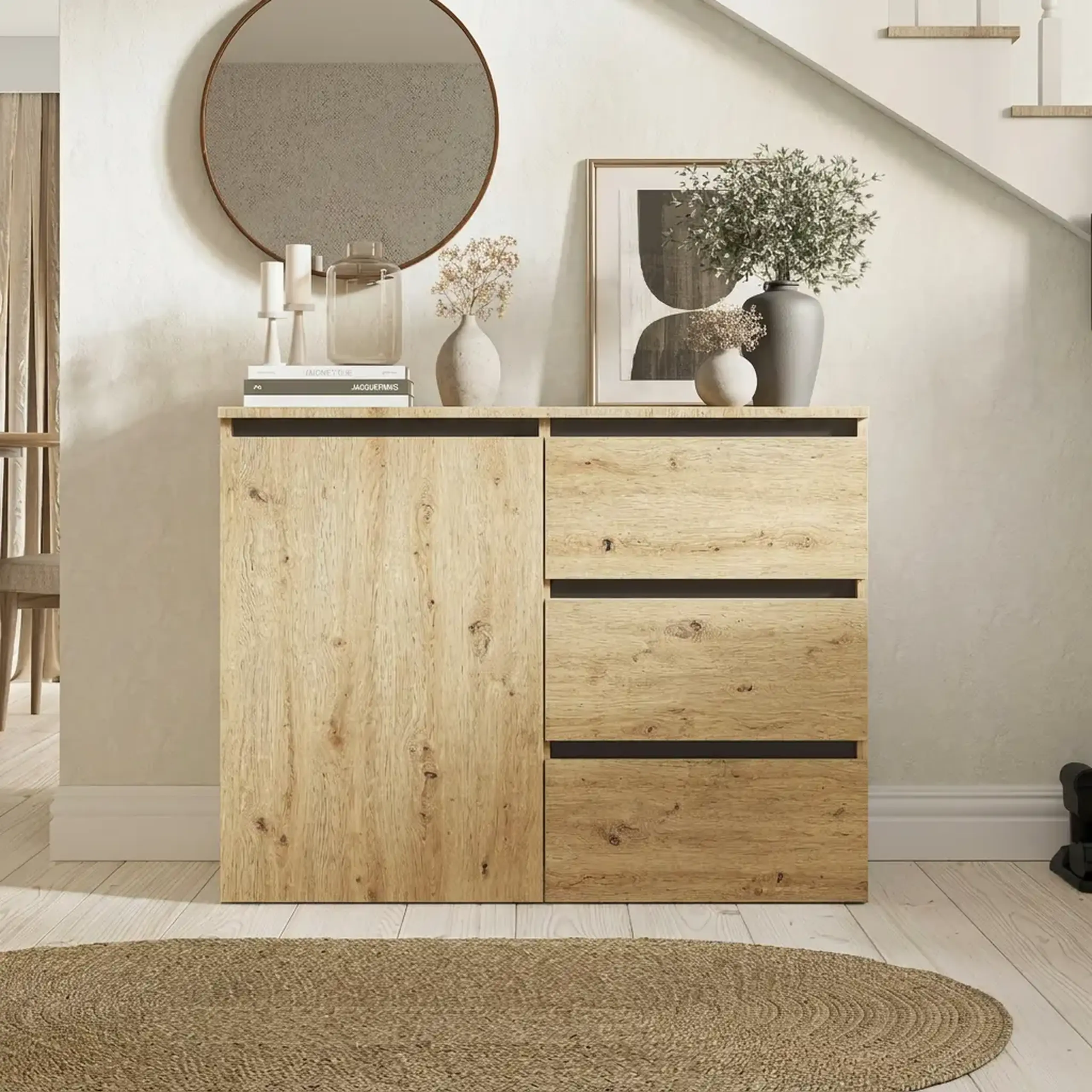 Comoda 4home Ideea K, 76x100x42 cm, 1 usa, 3 sertare, Stejar Artizanal/Gri Grafit