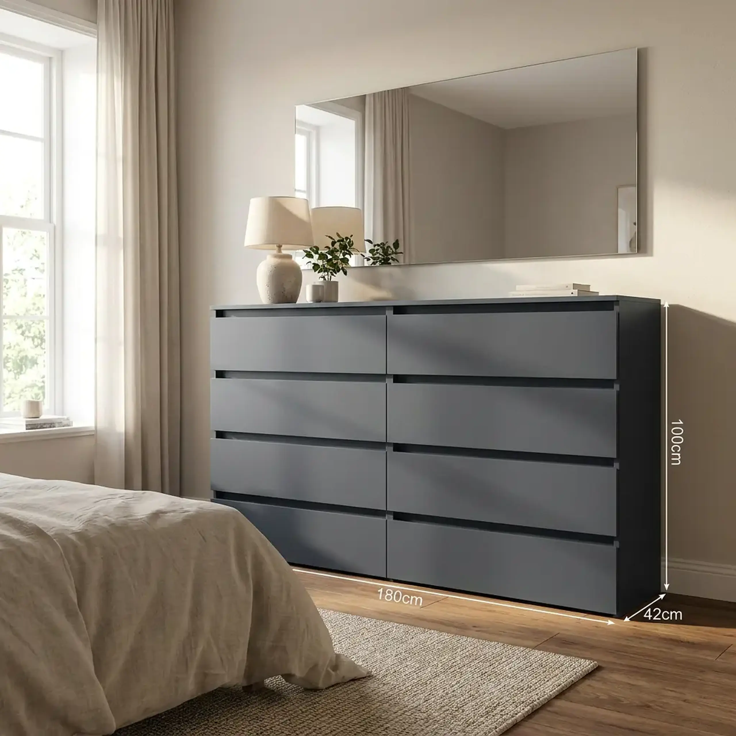 Comoda 4home Ideea K, 100x180x42 cm, 8 sertare, Gri Grafit/ Gri Grafit